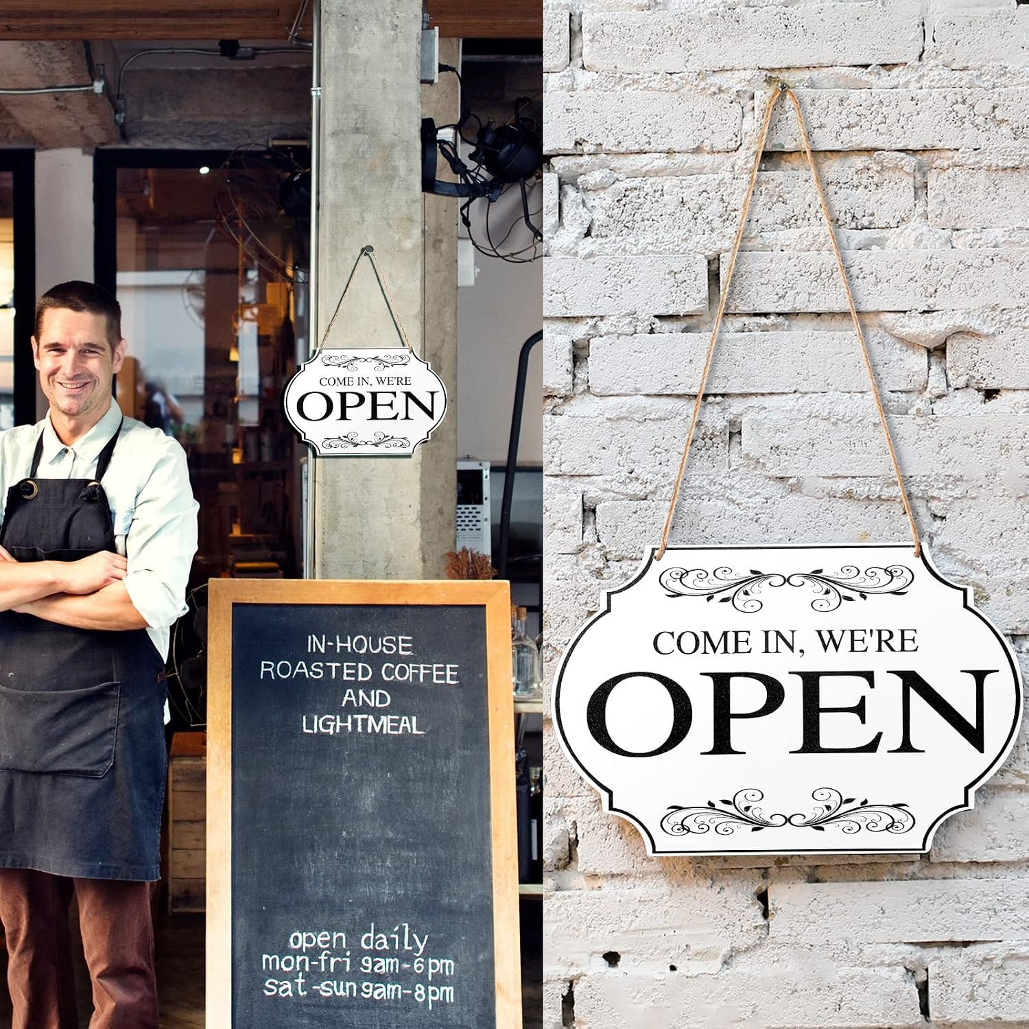 لافتة خشب عتيق قابلة للانعكاس على الوجهين بعبارة "Come In We're Open" و"Closed" تعلق على باب ونافذة المتجر والمقهى والمحل - 11.8×7.8 بوصة (ألواح بلون أبيض، كلمات بلون أسود) - صورة 5