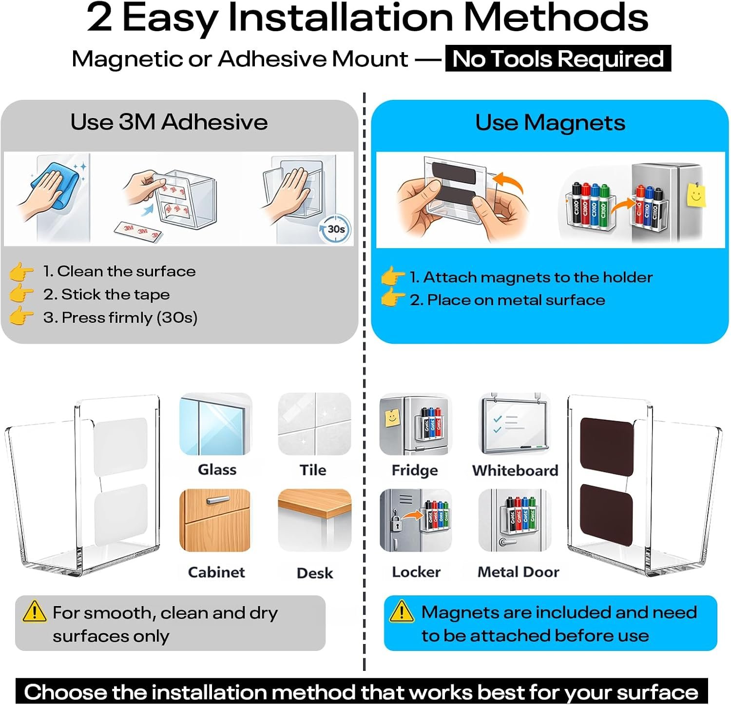 Acrylic Whiteboard Marker Holder, Magnetic or Adhesive Mount Marker Organizer for Fridge, Classroom and Office, Clear Dry Erase Marker Storage, Holds 8+ Markers - صورة 2