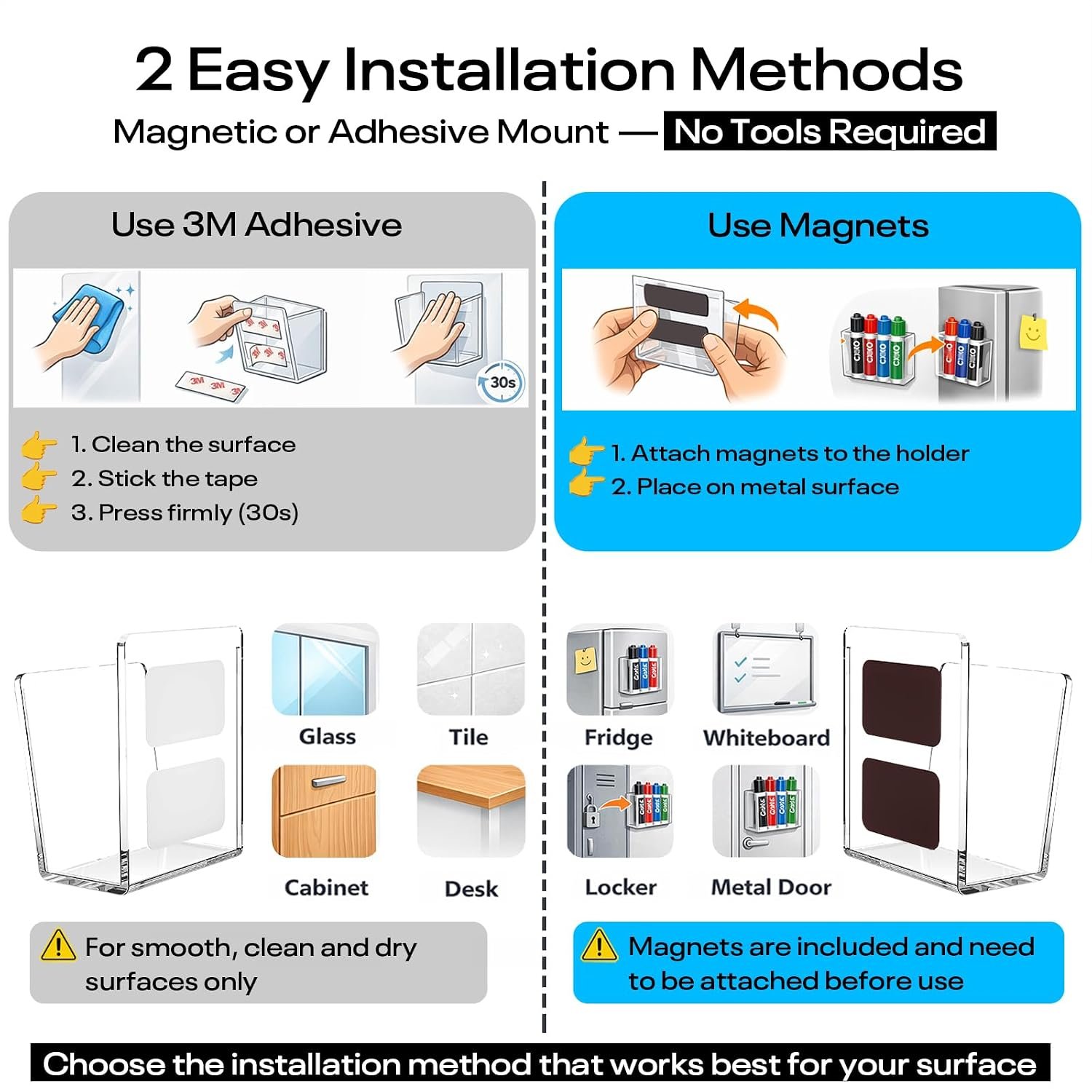 Acrylic Whiteboard Marker Holder, Magnetic or Adhesive Mount Marker Organizer for Fridge, Classroom and Office, Clear Dry Erase Marker Storage, Holds 8+ Markers - صورة 10