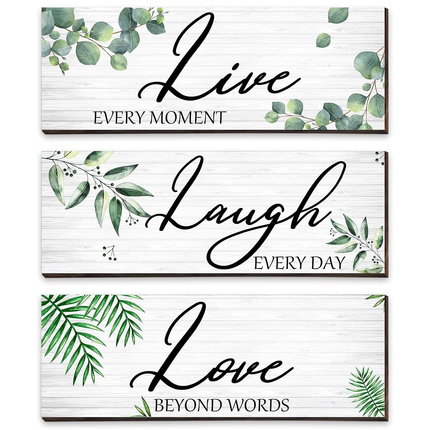 لافتة خشبية بعبارة "Live Laugh Love" من 3 قطع، لافتة حائط على شكل أوراق شجر الأوكالبتوس والنباتات الخضراء، لافتة خشبية معلقة باقتباسات عائلية، ديكور حائط منزل ريفي لديكور المنزل... - صورة 8