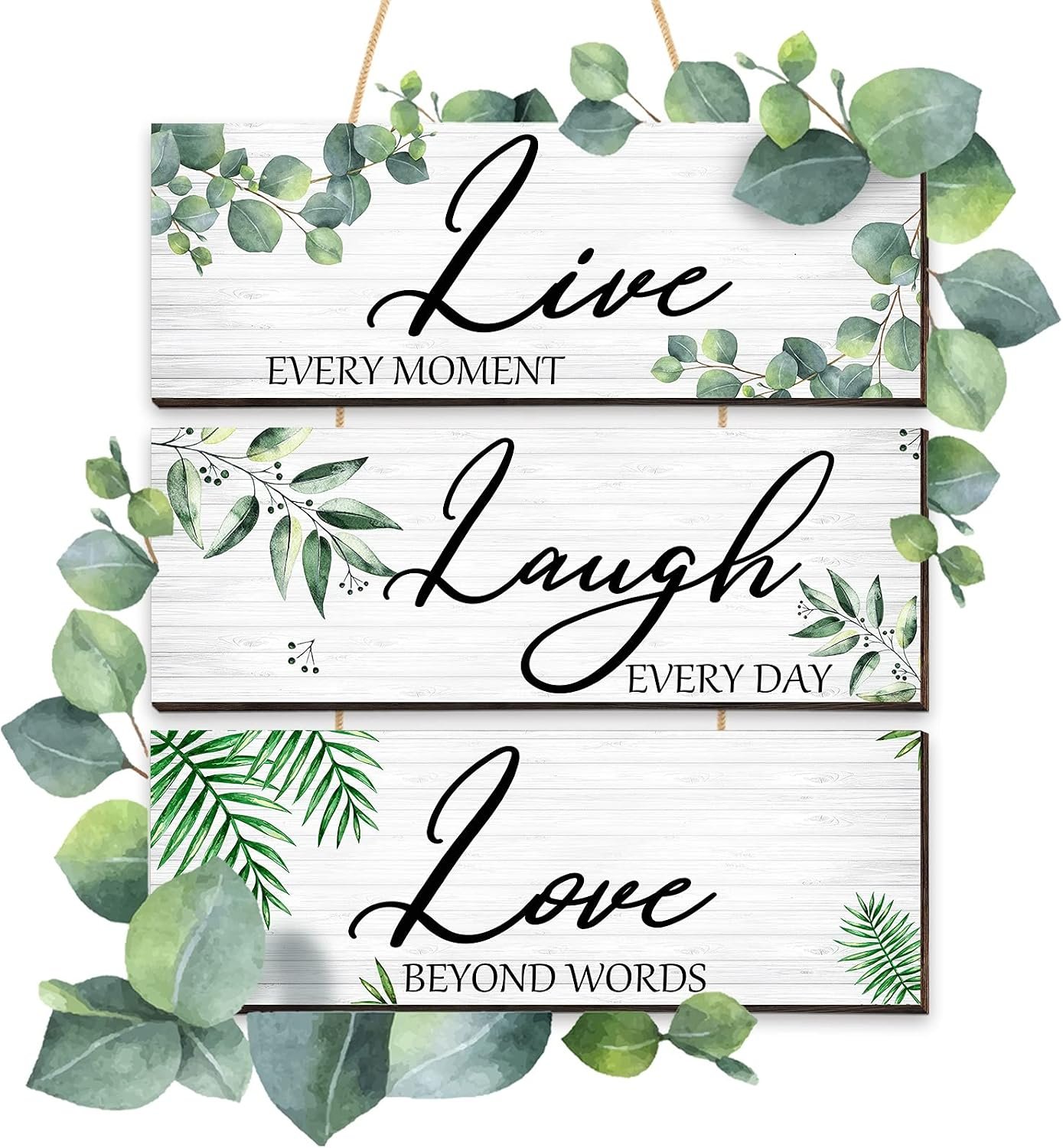لافتة خشبية بعبارة "Live Laugh Love" من 3 قطع، لافتة حائط على شكل أوراق شجر الأوكالبتوس والنباتات الخضراء، لافتة خشبية معلقة باقتباسات عائلية، ديكور حائط منزل ريفي لديكور المنزل... - صورة 3
