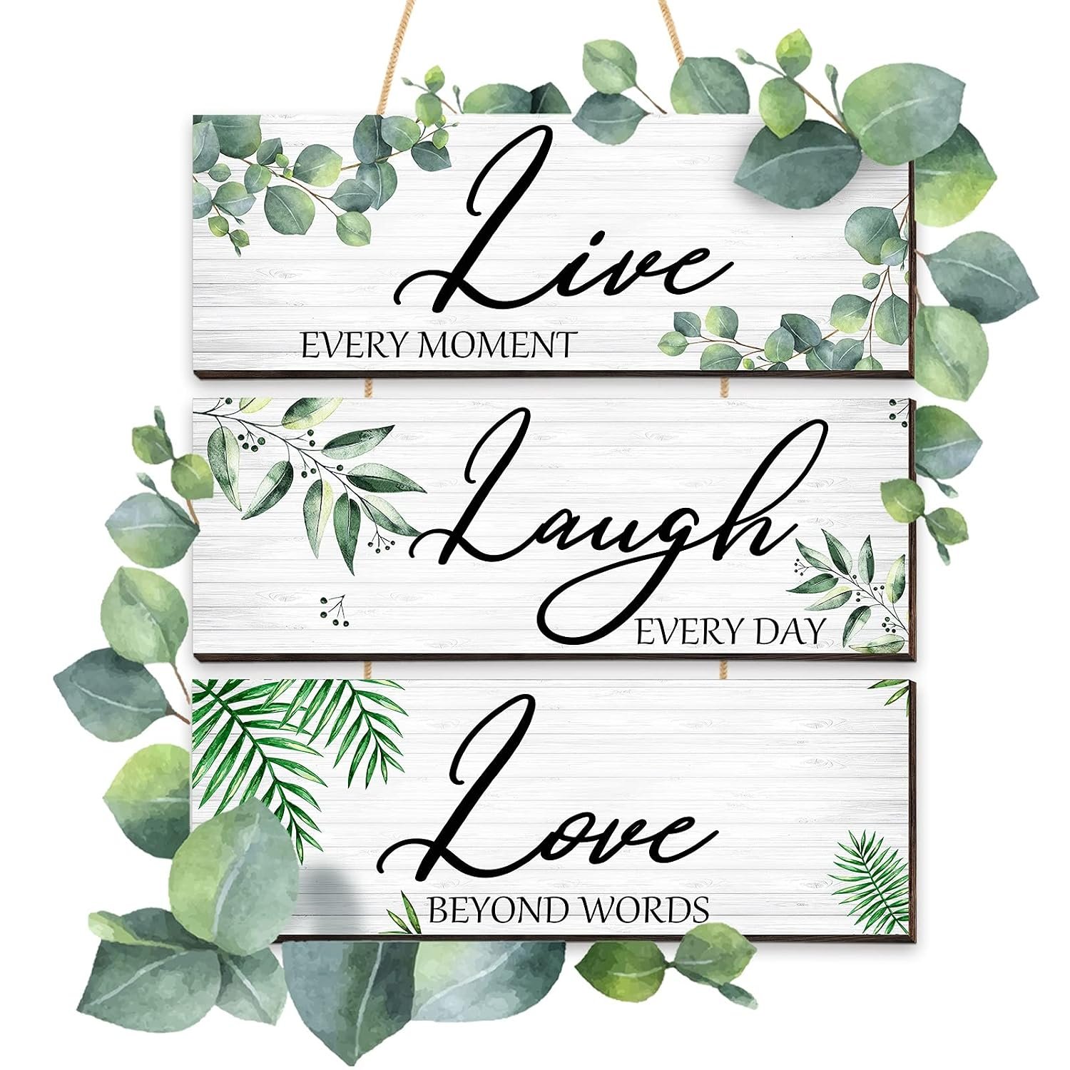 لافتة خشبية بعبارة "Live Laugh Love" من 3 قطع، لافتة حائط على شكل أوراق شجر الأوكالبتوس والنباتات الخضراء، لافتة خشبية معلقة باقتباسات عائلية، ديكور حائط منزل ريفي لديكور المنزل... - صورة 10