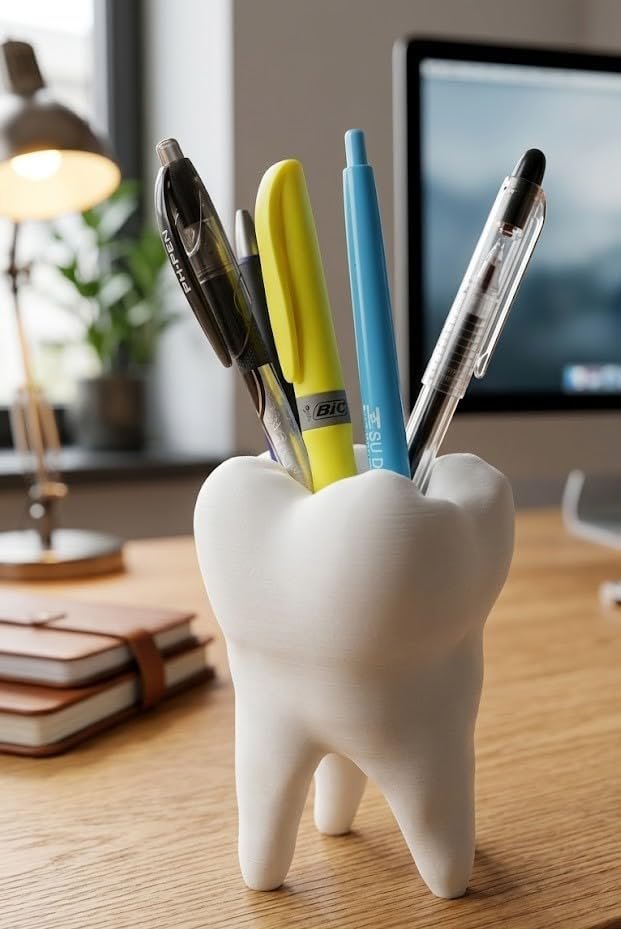 حامل اقلام على شكل اسنان، ابيض، منظم مكتبي، ملحق مكتب بطابع الاسنان - صورة 3