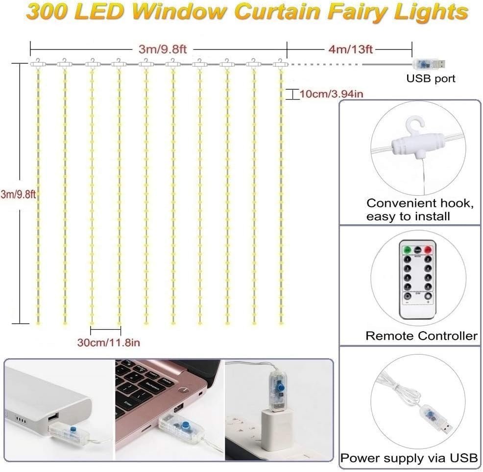 سلسلة أضواء جلوكلوز لستارة النافذة من دوبكارت، 300 مصباح LED بمنفذ USB مع جهاز تحكم لتغيير الألوان، للأماكن الداخلية كالمنزل وغرفة النوم والأماكن الخارجية كخلفية وديكور لحفلات... - صورة 5