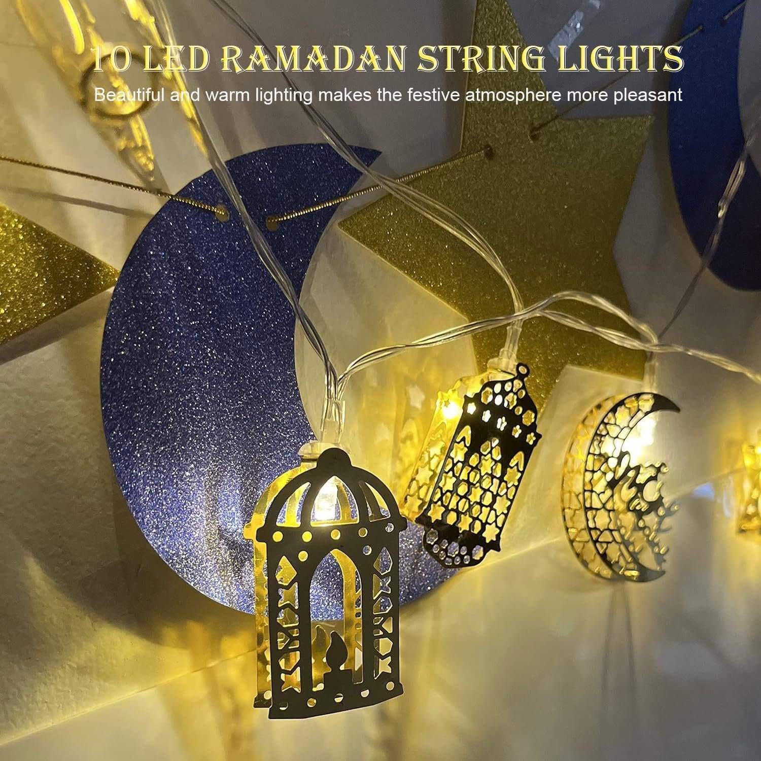 10 مصابيح LED بطول 5 اقدام من كيمووت خيالية بوضعين للبطارية ابيض دافئ مصباح رمضان اسلامي اضواء زينة العيد جنية على شكل نجمة وقمر للاماكن الداخلية والمنزل والحديقة واعياد الميلاد... - صورة 2