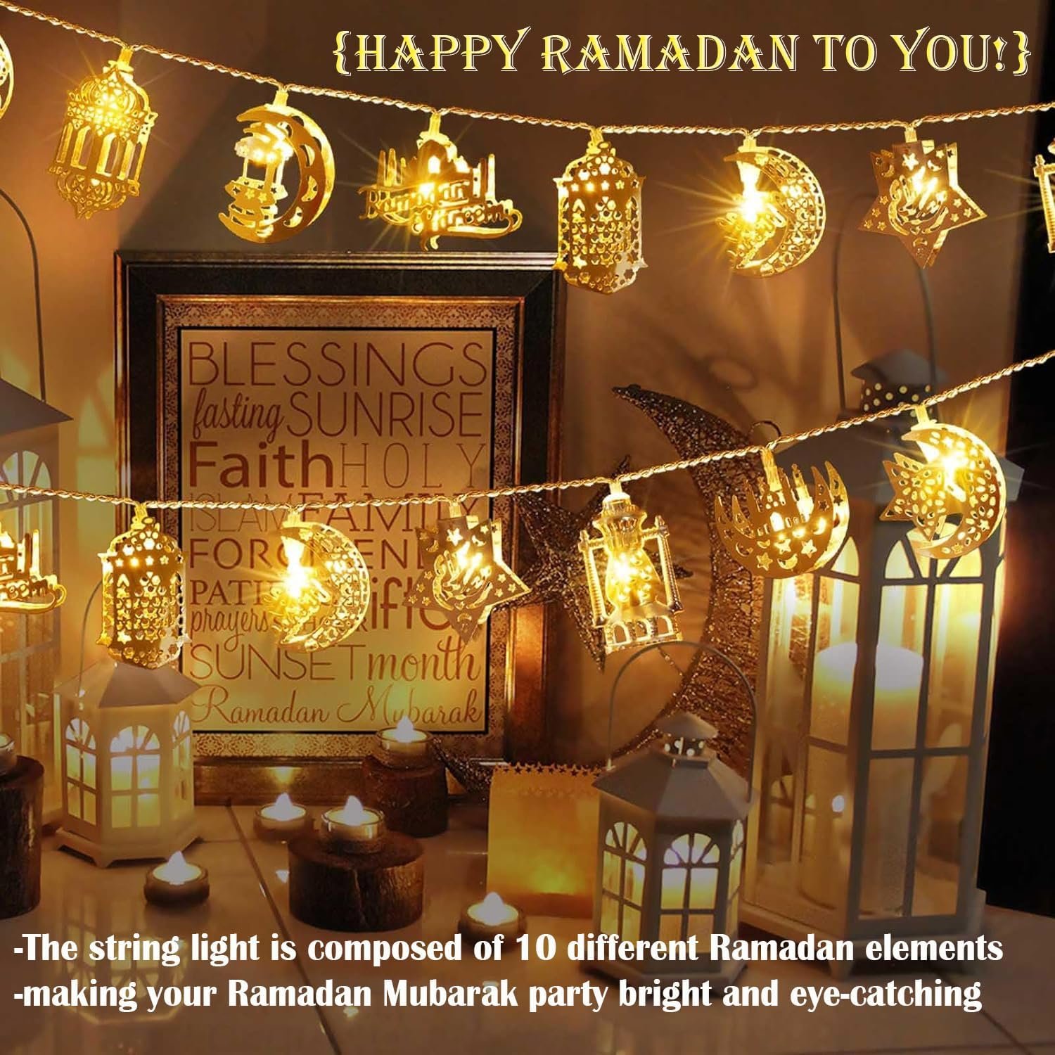 10 مصابيح LED بطول 5 اقدام من كيمووت خيالية بوضعين للبطارية ابيض دافئ مصباح رمضان اسلامي اضواء زينة العيد جنية على شكل نجمة وقمر للاماكن الداخلية والمنزل والحديقة واعياد الميلاد... - صورة 10