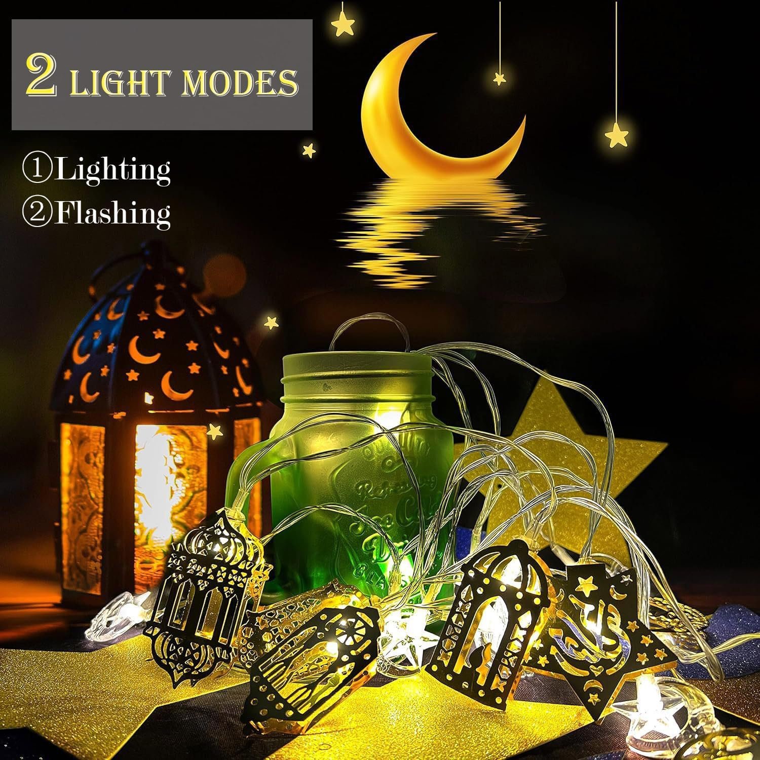 10 مصابيح LED بطول 5 اقدام من كيمووت خيالية بوضعين للبطارية ابيض دافئ مصباح رمضان اسلامي اضواء زينة العيد جنية على شكل نجمة وقمر للاماكن الداخلية والمنزل والحديقة واعياد الميلاد... - صورة 9
