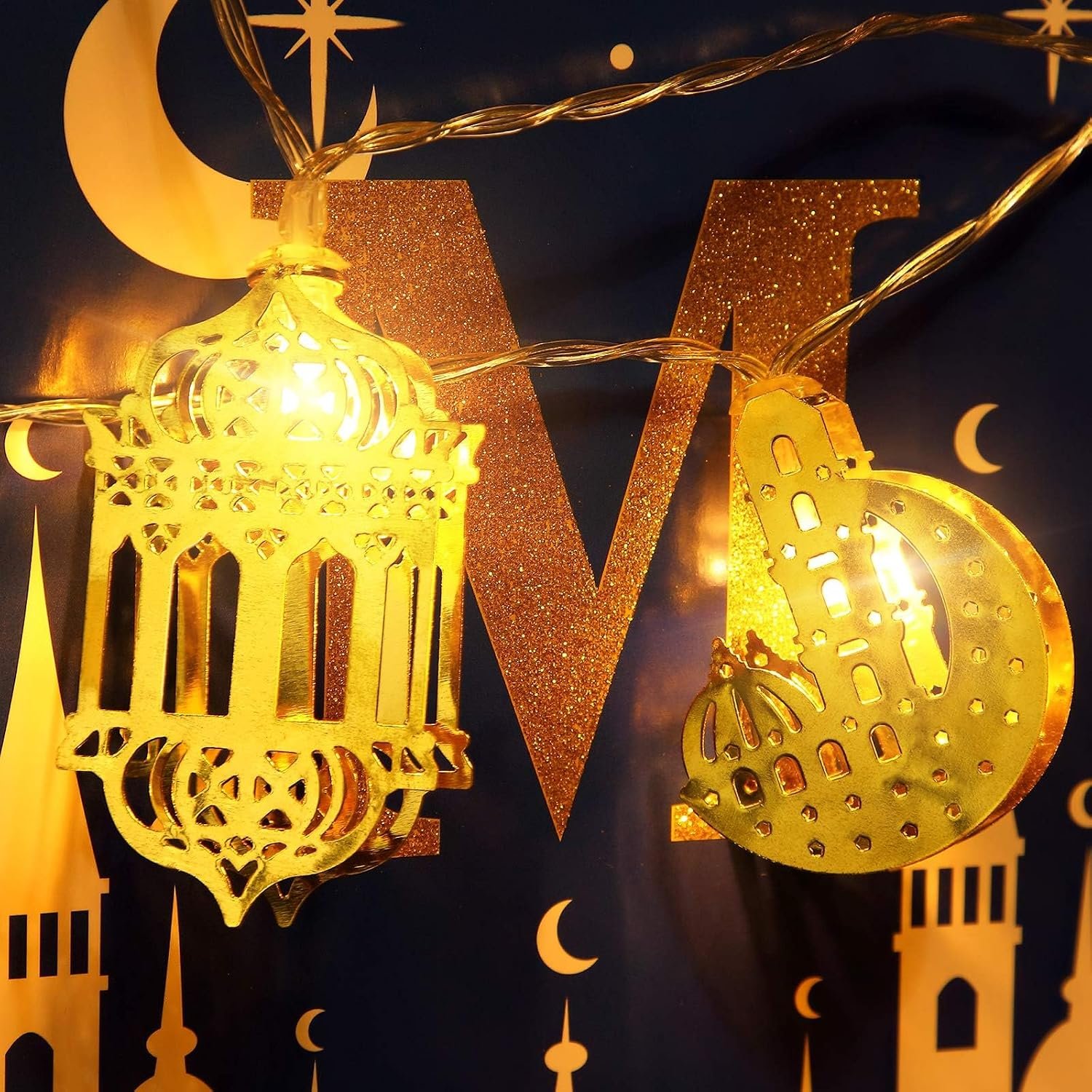 شريط اضاءة رمضان خيالي، 2 متر 10 مصابيح ليد، كلمة عيد وقمر ونجوم وفانوس،يعمل بالبطارية لتزيين المنزل والأماكن الخارجية، لوازم الحفلات، أبيض - صورة 5