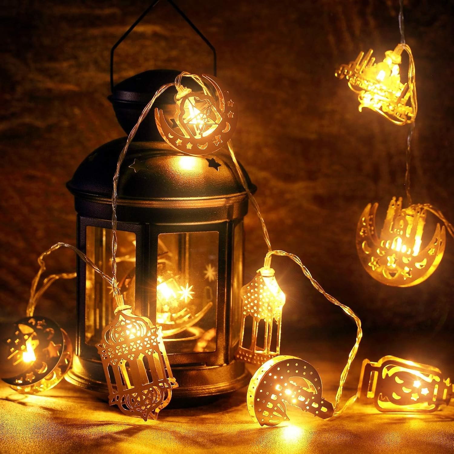 شريط اضاءة رمضان خيالي، 2 متر 10 مصابيح ليد، كلمة عيد وقمر ونجوم وفانوس،يعمل بالبطارية لتزيين المنزل والأماكن الخارجية، لوازم الحفلات، أبيض - صورة 6