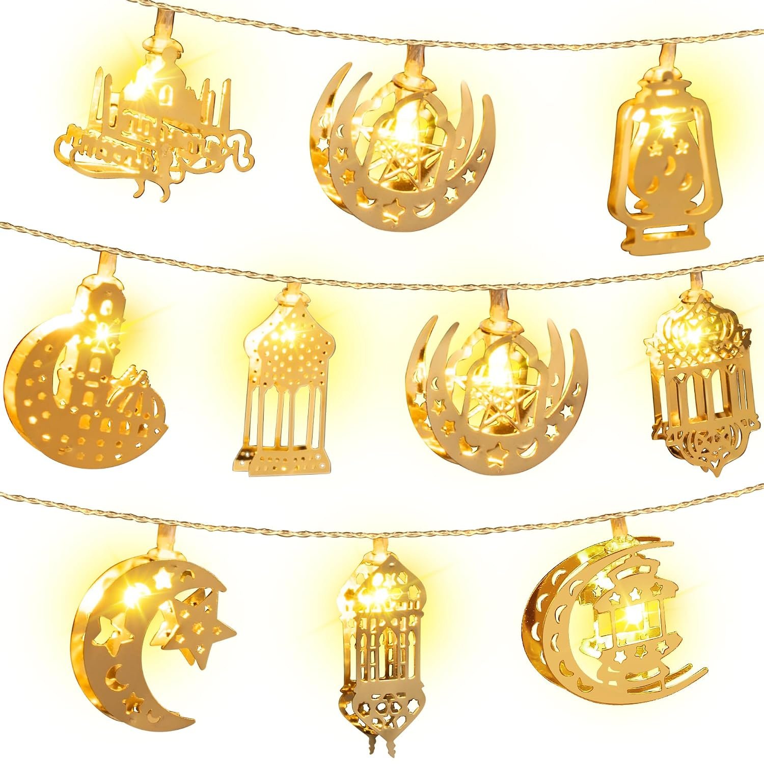 شريط اضاءة رمضان خيالي، 2 متر 10 مصابيح ليد، كلمة عيد وقمر ونجوم وفانوس،يعمل بالبطارية لتزيين المنزل والأماكن الخارجية، لوازم الحفلات، أبيض - صورة 8