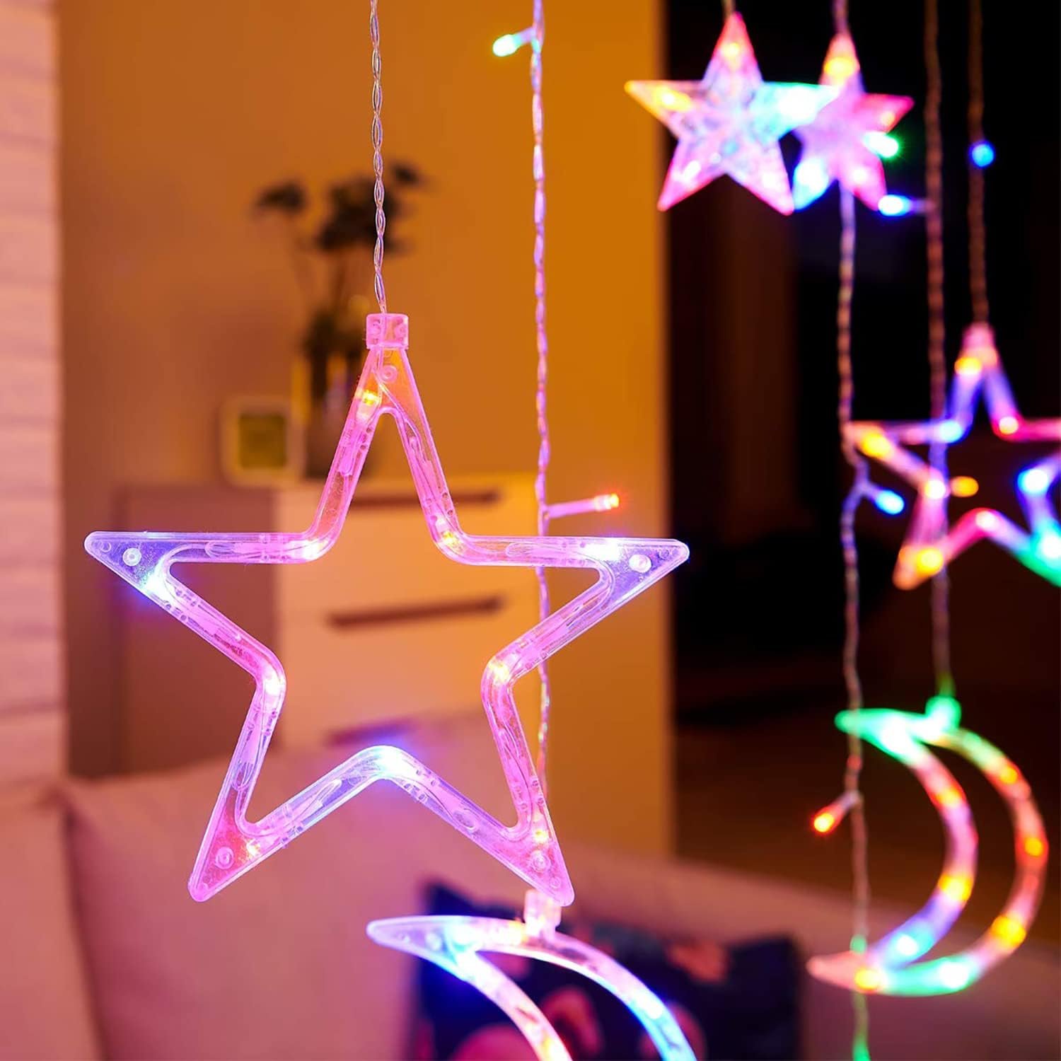 ستارة زينة رمضان مزينة بالنجوم والاقمار بضوء ليلي LED لديكور المنزل والحفلات والحديقة وغرفة المعيشة (مصابيح)، متعدد الألوان - صورة 4