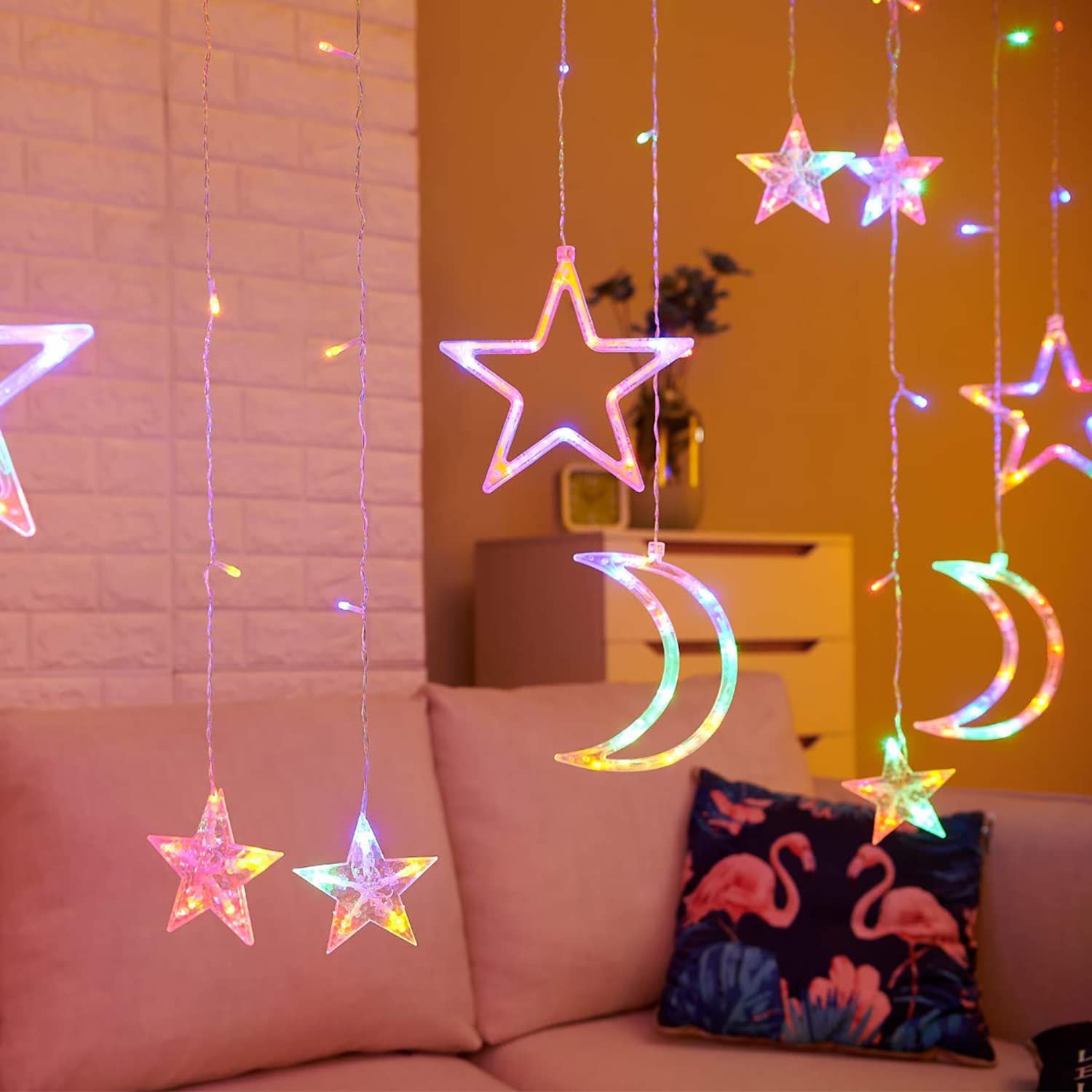 ستارة زينة رمضان مزينة بالنجوم والاقمار بضوء ليلي LED لديكور المنزل والحفلات والحديقة وغرفة المعيشة (مصابيح)، متعدد الألوان - صورة 8