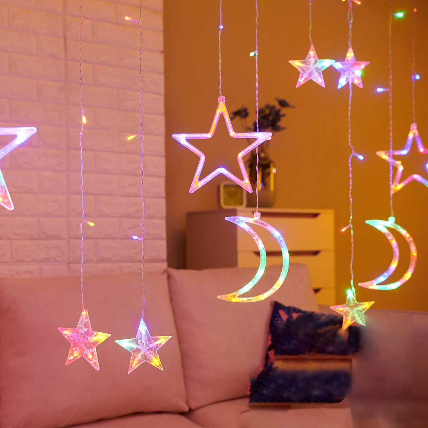 ستارة زينة رمضان مزينة بالنجوم والاقمار بضوء ليلي LED لديكور المنزل والحفلات والحديقة وغرفة المعيشة (مصابيح)، متعدد الألوان - صورة 6