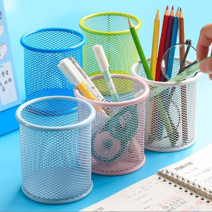 ASEANAO Pen Holder Mesh Pencil Holder Metal Pen Holder Cup Pencil Cup Holder for Desk Office Pen Organizer (Round Dark blue) - صورة 2