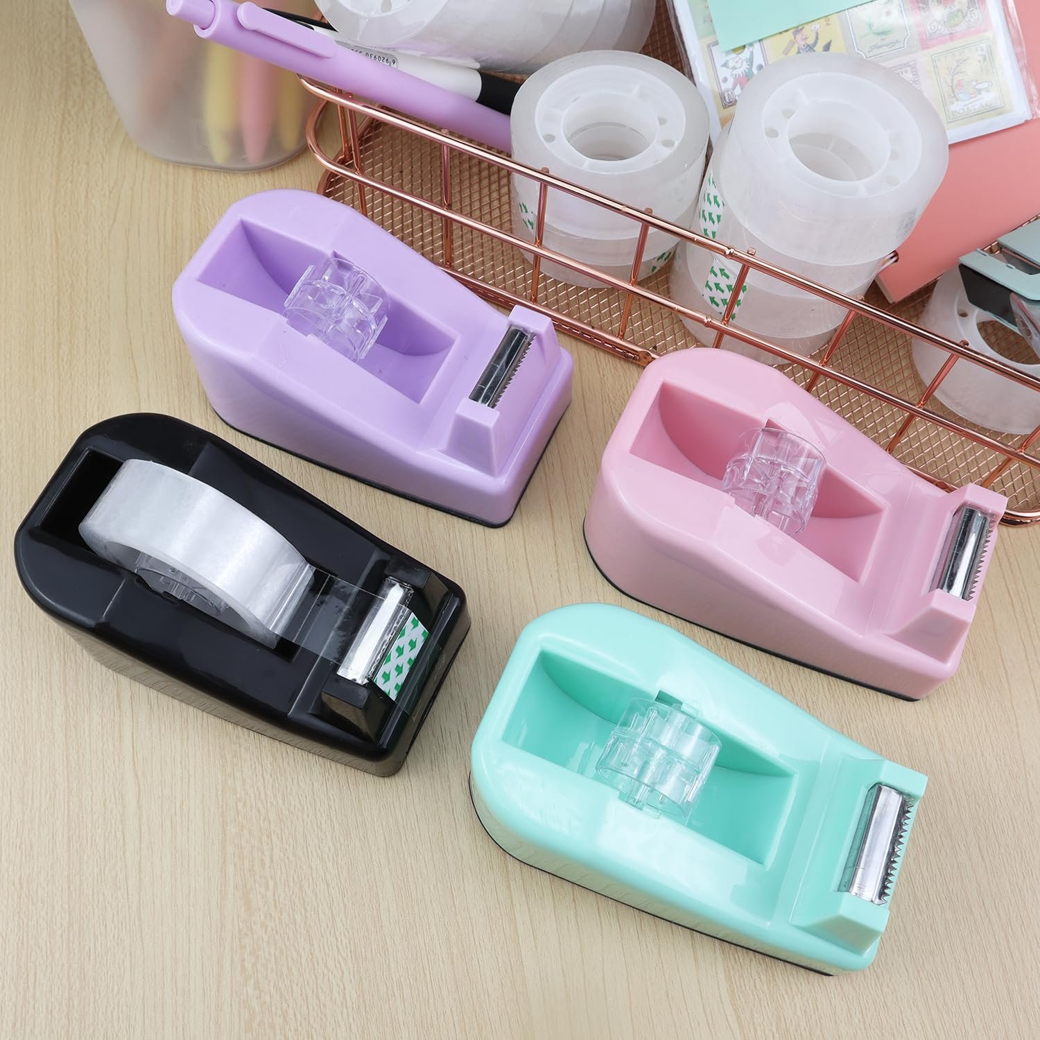 1Pcs Desktop Tape Dispenser,Adhesive Roll Holder with Weighted Nonskid Base,Office Tape Dispensers for School, Office and Home (Black) - صورة 10