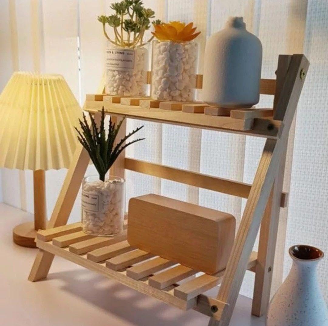Display Shelf - Two-Tier Foldable Wooden Desktop Storage Organizer Plant Holder Decorative Rack for Table Use - صورة 2
