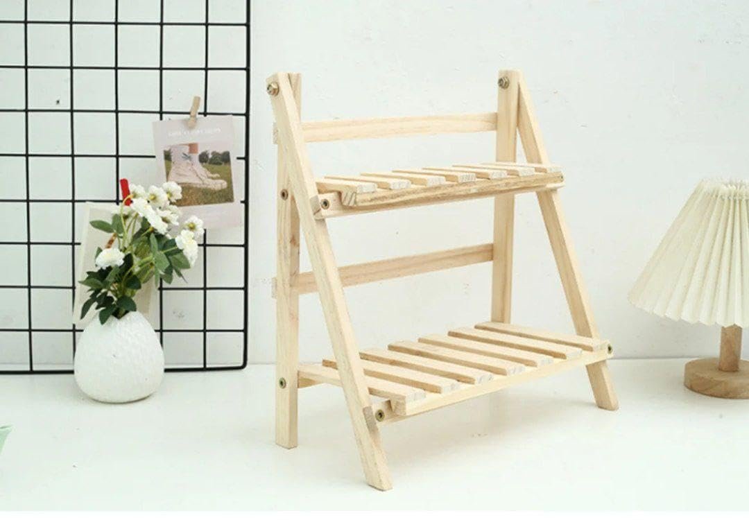 Display Shelf - Two-Tier Foldable Wooden Desktop Storage Organizer Plant Holder Decorative Rack for Table Use - صورة 4
