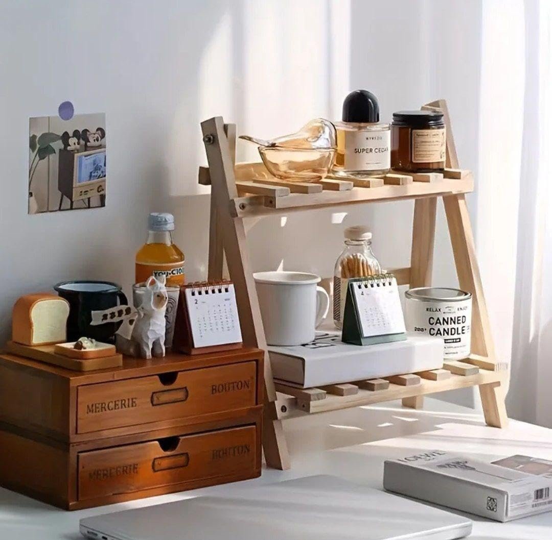 Display Shelf - Two-Tier Foldable Wooden Desktop Storage Organizer Plant Holder Decorative Rack for Table Use - صورة 3