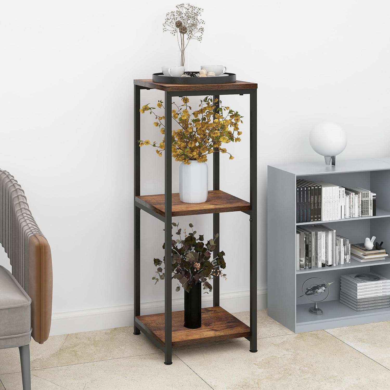 32 inch Tall Metal Wood Plant Stand, Tier Potted Plant Shelf for Indoor, Flower Pot Holder for Corner Living Room Patio Balcony Garden, Kitchen and Bathroom Display Rack, Brown,... - صورة 2