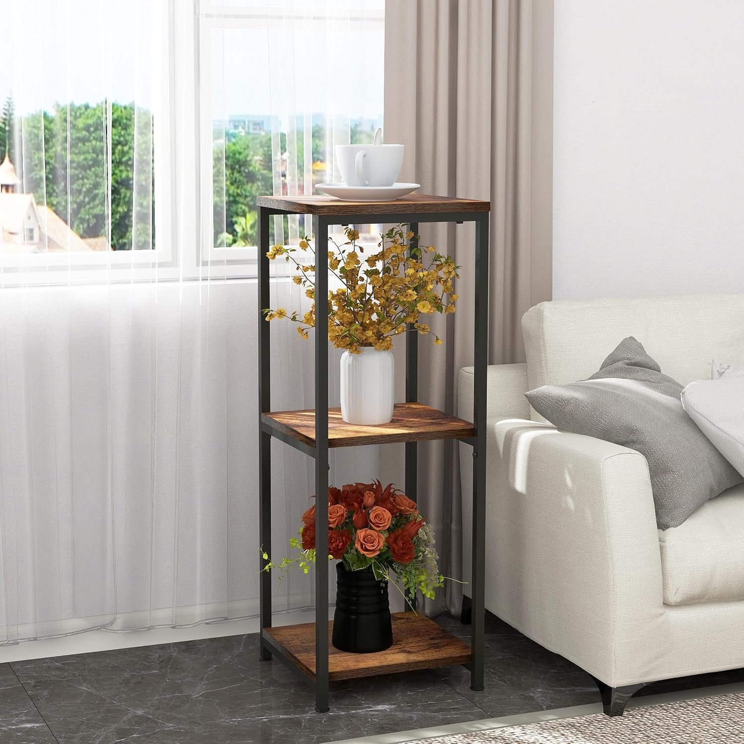 32 inch Tall Metal Wood Plant Stand, Tier Potted Plant Shelf for Indoor, Flower Pot Holder for Corner Living Room Patio Balcony Garden, Kitchen and Bathroom Display Rack, Brown,... - صورة 3