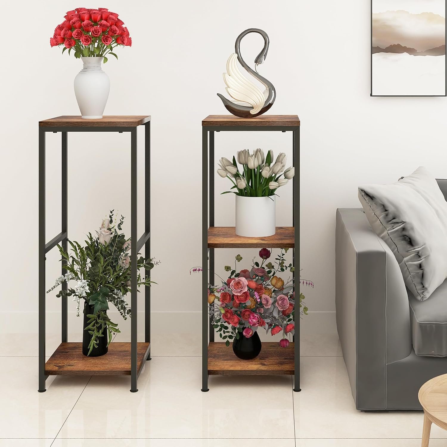 32 inch Tall Metal Wood Plant Stand, Tier Potted Plant Shelf for Indoor, Flower Pot Holder for Corner Living Room Patio Balcony Garden, Kitchen and Bathroom Display Rack, Brown,... - صورة 5