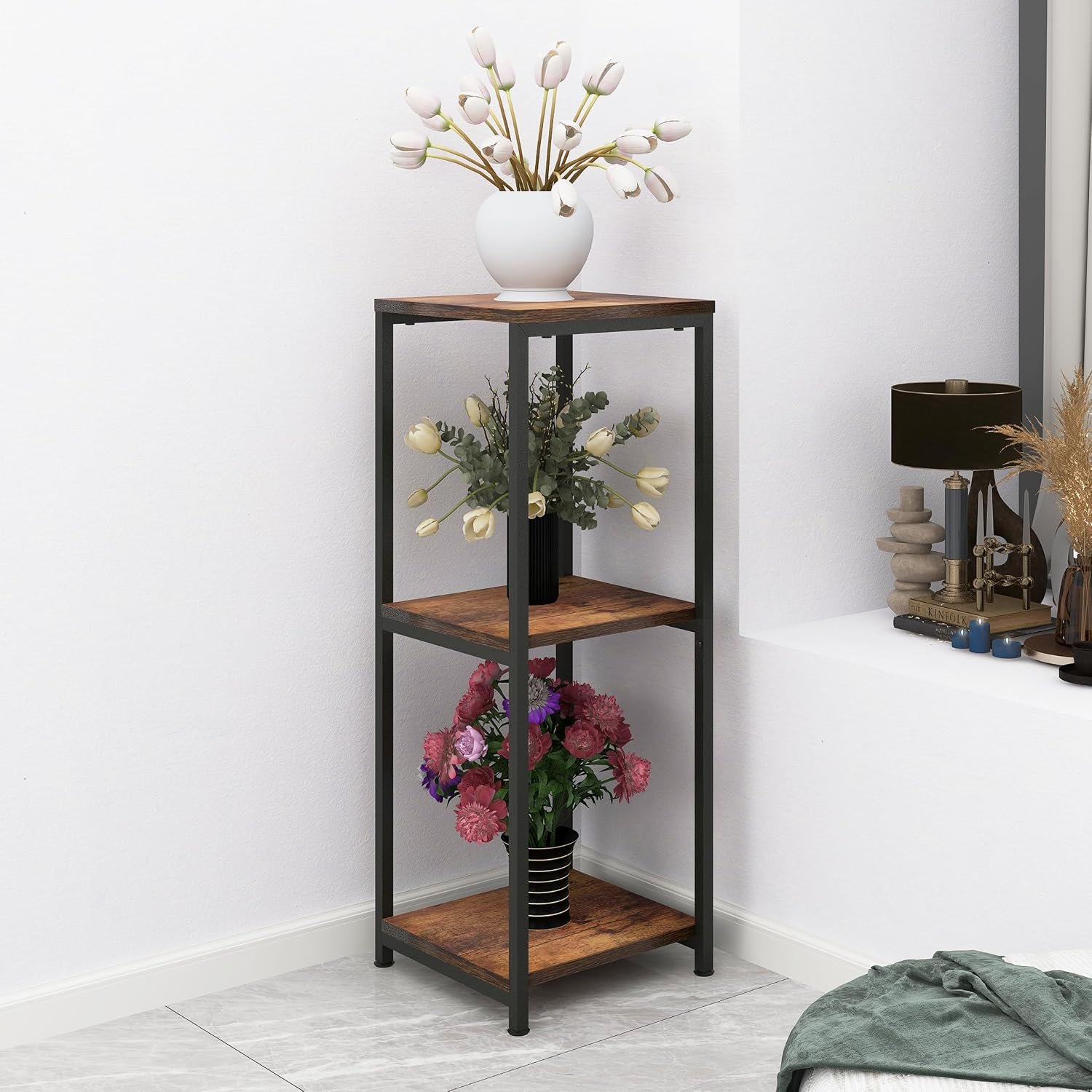 32 inch Tall Metal Wood Plant Stand, Tier Potted Plant Shelf for Indoor, Flower Pot Holder for Corner Living Room Patio Balcony Garden, Kitchen and Bathroom Display Rack, Brown,... - صورة 4