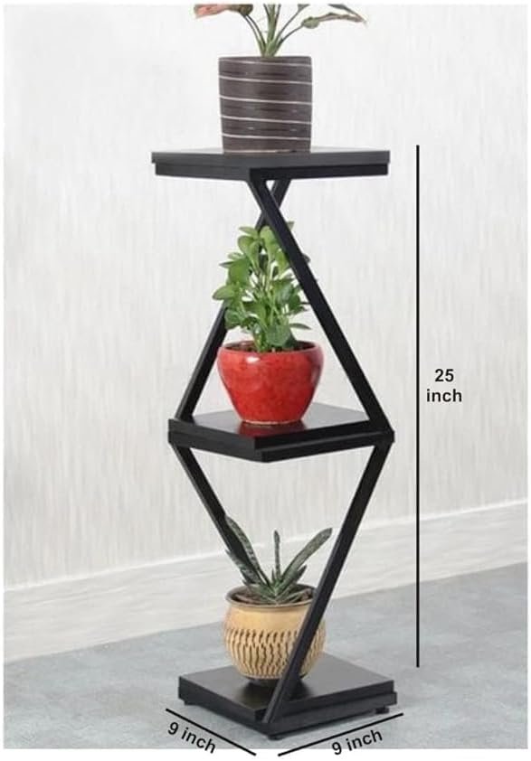 Floor Shelf 3 Layer Flower Pot Stand Indoor Decoration Modern Flower Stand Easy Install Outdoor Flower Stands Flower Display Stand Metal Garden Flower Stand (Black & Brown) - صورة 3