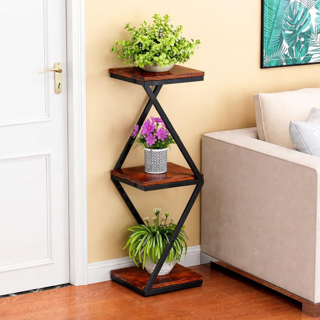 Floor Shelf 3 Layer Flower Pot Stand Indoor Decoration Modern Flower Stand Easy Install Outdoor Flower Stands Flower Display Stand Metal Garden Flower Stand (Black & Brown) - صورة 2