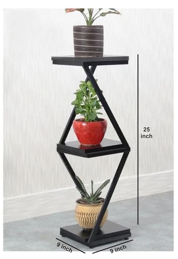 Floor Shelf 3 Layer Flower Pot Stand Indoor Decoration Modern Flower Stand Easy Install Outdoor Flower Stands Flower Display Stand Metal Garden Flower Stand (Black & Brown) - صورة 5