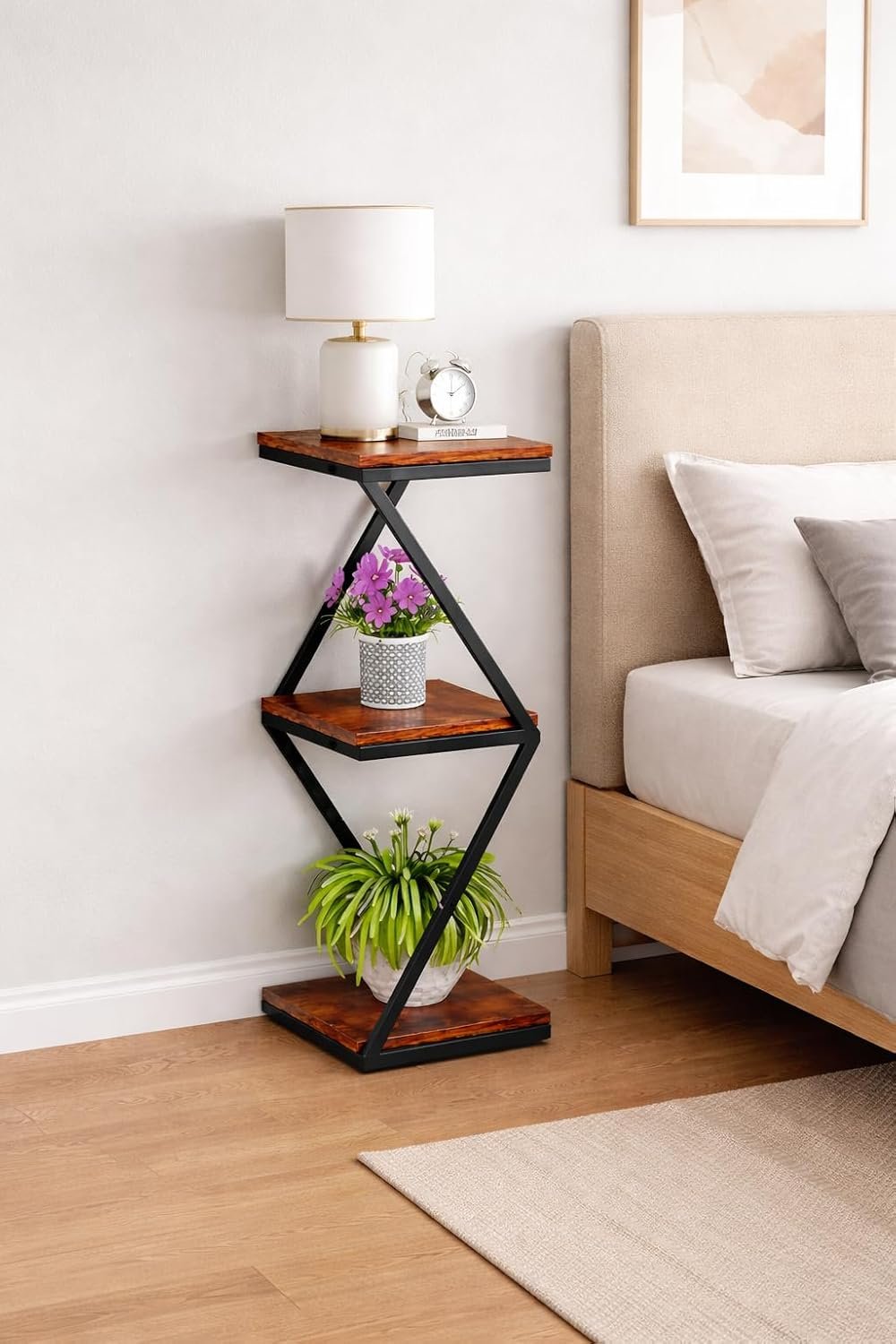Floor Shelf 3 Layer Flower Pot Stand Indoor Decoration Modern Flower Stand Easy Install Outdoor Flower Stands Flower Display Stand Metal Garden Flower Stand (Black & Brown) - صورة 4