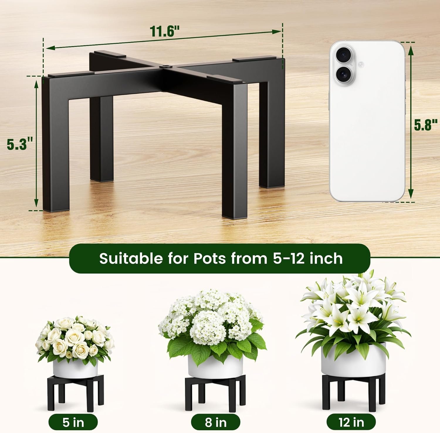 pickpiff Plant Stand Indoor Outdoor Flower Holder Riser Low Profile 150lbs Heavy Duty For Pots 5–12'' Black, Metal - صورة 7