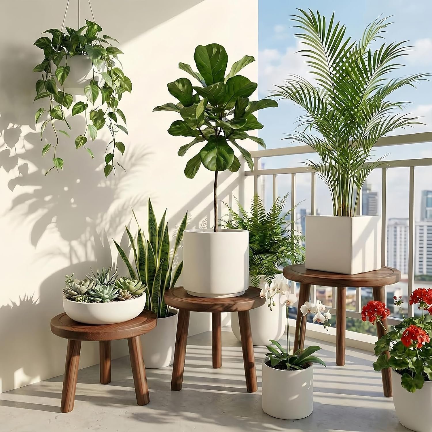 3-Pack Wood Plant Stands Indoor, Single Plant Stand for 6-12 Inch Pots, Mid-Century Modern Plant Stool, Tall Plant Stand for Large Plants for Living Room, Balcony, Office - صورة 2