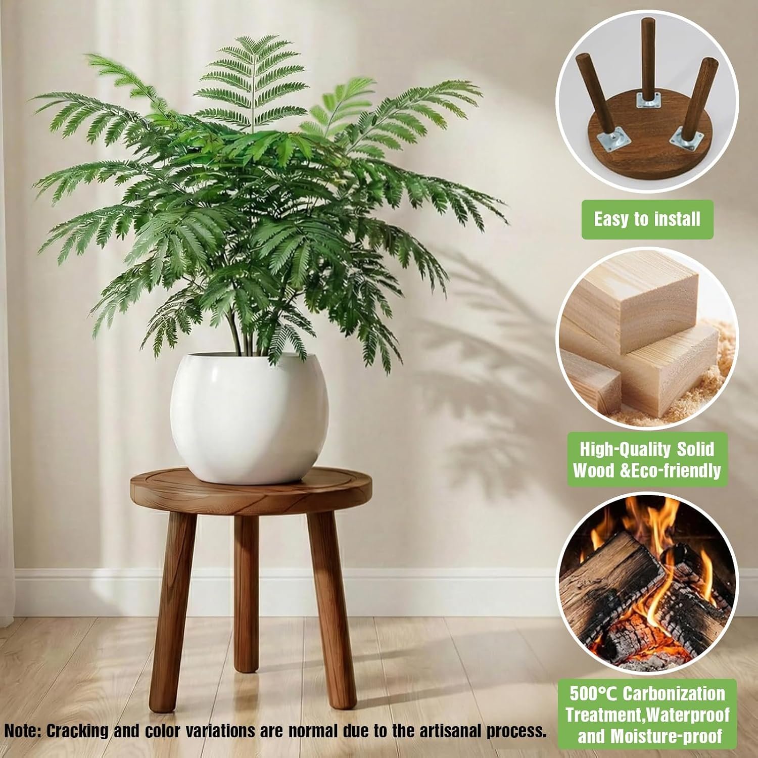 3-Pack Wood Plant Stands Indoor, Single Plant Stand for 6-12 Inch Pots, Mid-Century Modern Plant Stool, Tall Plant Stand for Large Plants for Living Room, Balcony, Office - صورة 5