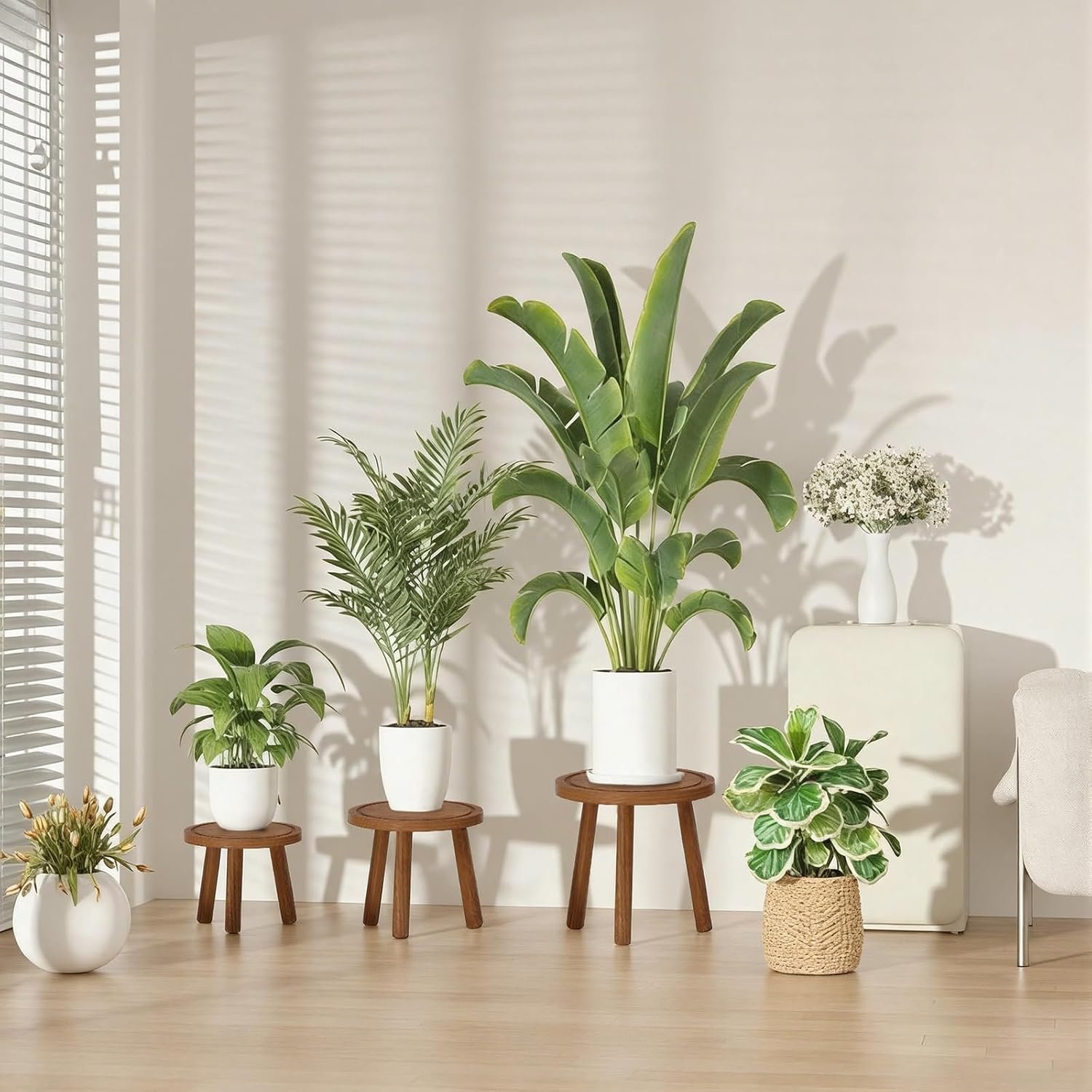3-Pack Wood Plant Stands Indoor, Single Plant Stand for 6-12 Inch Pots, Mid-Century Modern Plant Stool, Tall Plant Stand for Large Plants for Living Room, Balcony, Office - صورة 7