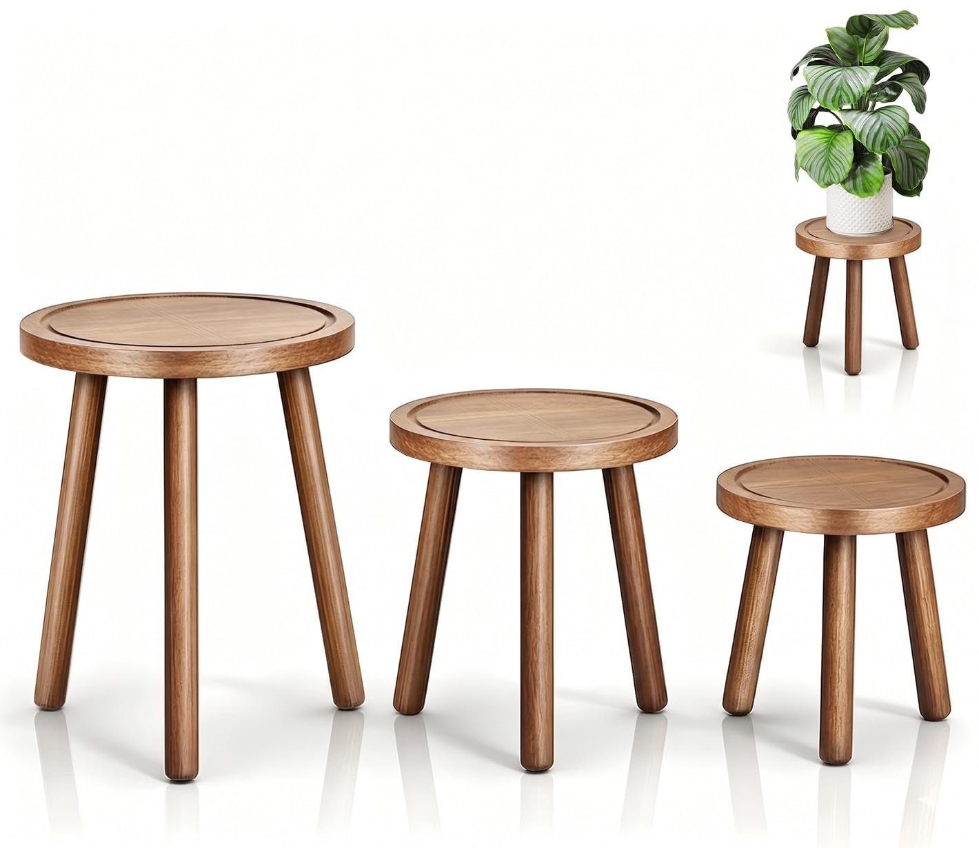 3-Pack Wood Plant Stands Indoor, Single Plant Stand for 6-12 Inch Pots, Mid-Century Modern Plant Stool, Tall Plant Stand for Large Plants for Living Room, Balcony, Office - صورة 8