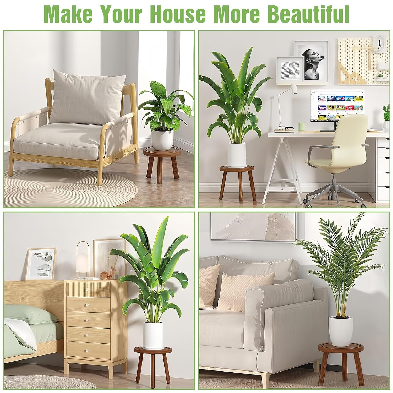 3-Pack Wood Plant Stands Indoor, Single Plant Stand for 6-12 Inch Pots, Mid-Century Modern Plant Stool, Tall Plant Stand for Large Plants for Living Room, Balcony, Office - صورة 10