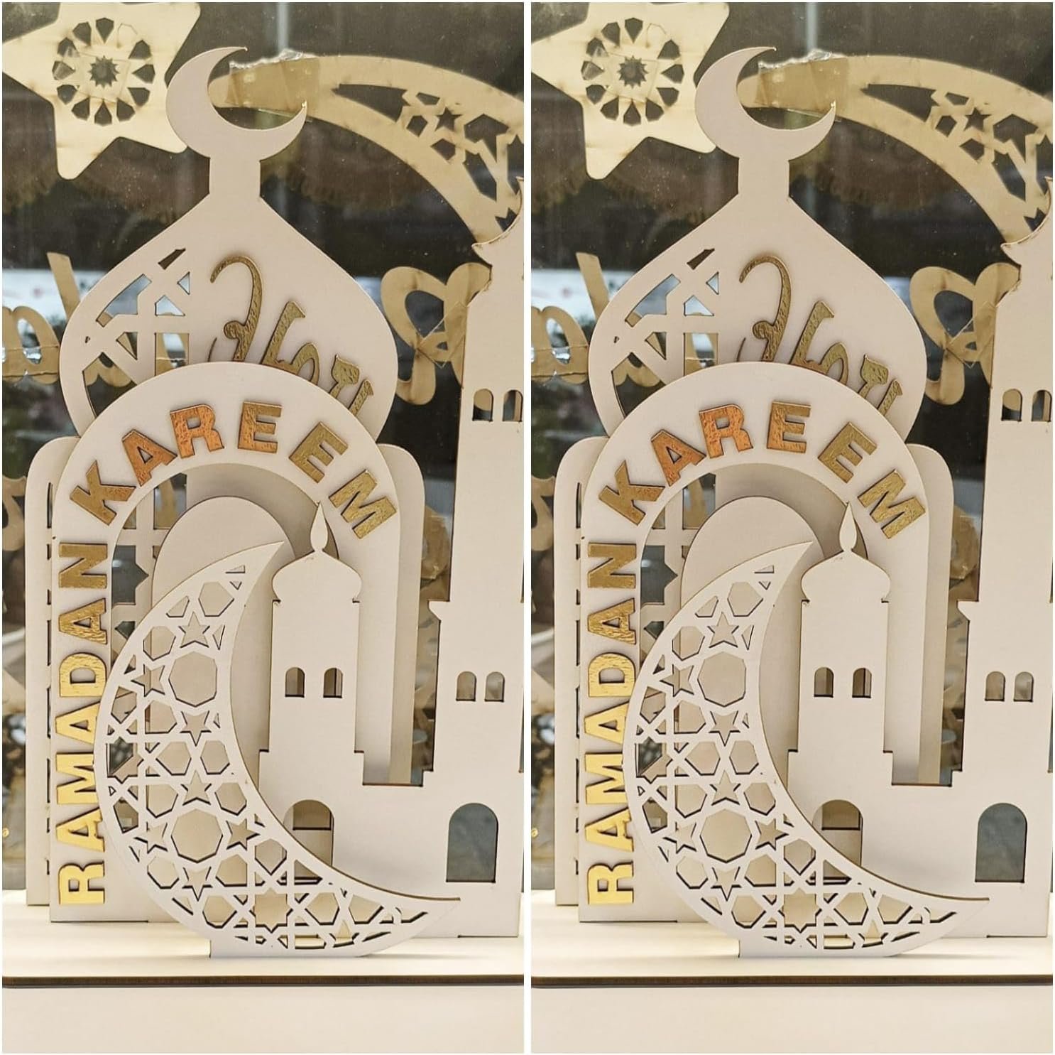 حامل خشبي رمضان كريم 4 في 1، تصميم مئذنة مسجد وهلال على قاعدة مفردة، قطعة ديكور بيضاء انيقة لديكور المنزل في رمضان وعرض الطاولة (ابيض (عبوة من قطعتين)