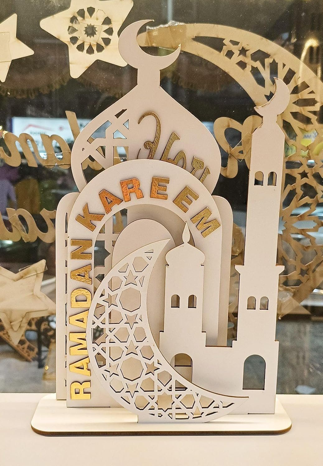حامل خشب أنيق 4 في 1 بنمط رمضان كريم ومئذنة وهلال، ديكور احتفالي أبيض للطاولات والأرفف وديكور المنزل (لون أبيض (عبوة واحدة)) - صورة 6