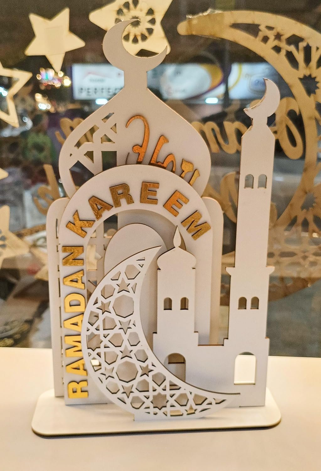حامل خشبي 4 في 1 بتصميم مسجد وهلال من فيستيف، قطعة ديكور بيضاء انيقة للمنزل او الطاولة او المكتب (ابيض (عبوة واحدة)) - صورة 2