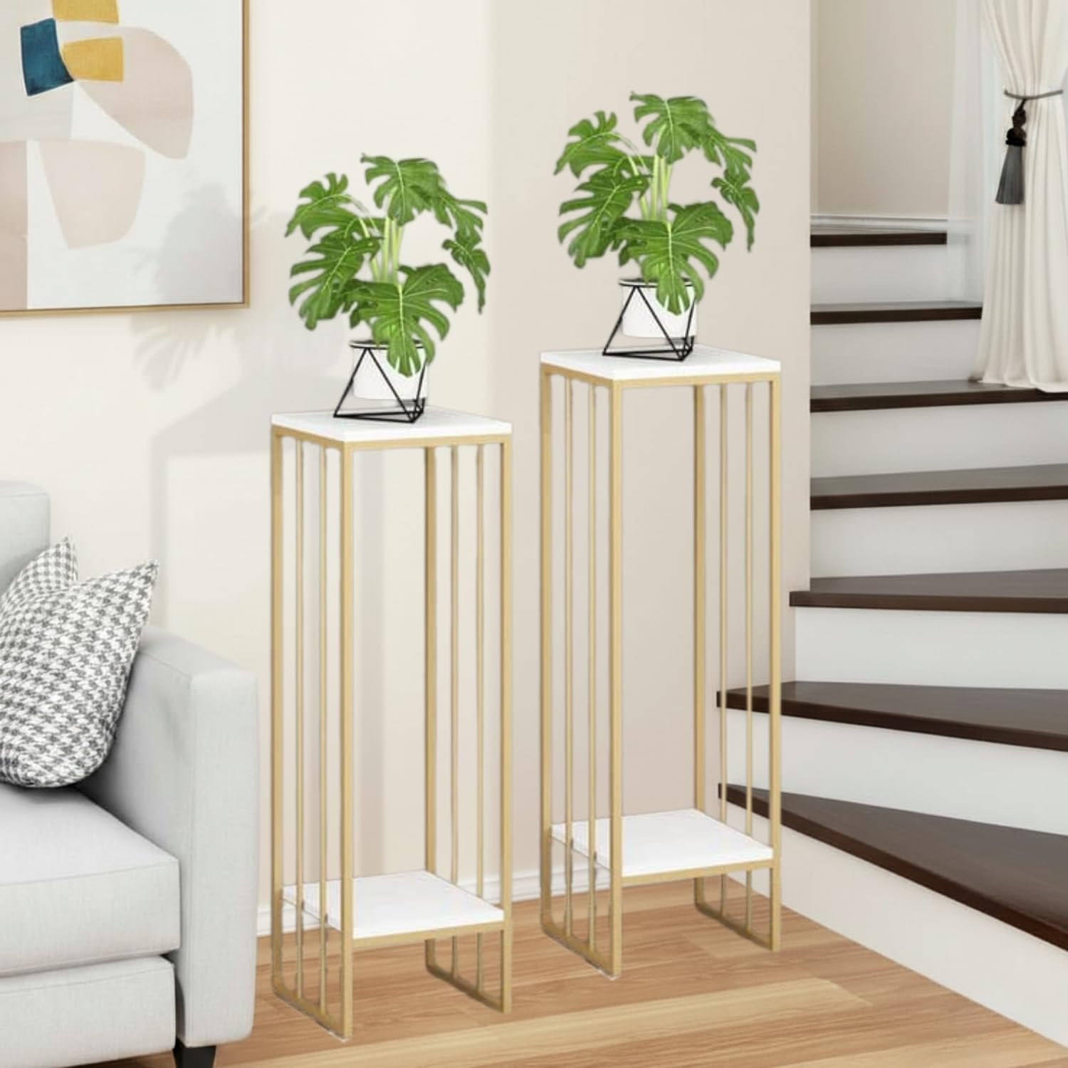 EDEUEQUE Wrought Metal Pedestal Planter Stand 22 Inch Two Tier Compact Corner Flower Pots Holder with MDF Shelving End Table indoor-outdoor for garden patio, terrace, living... - صورة 9