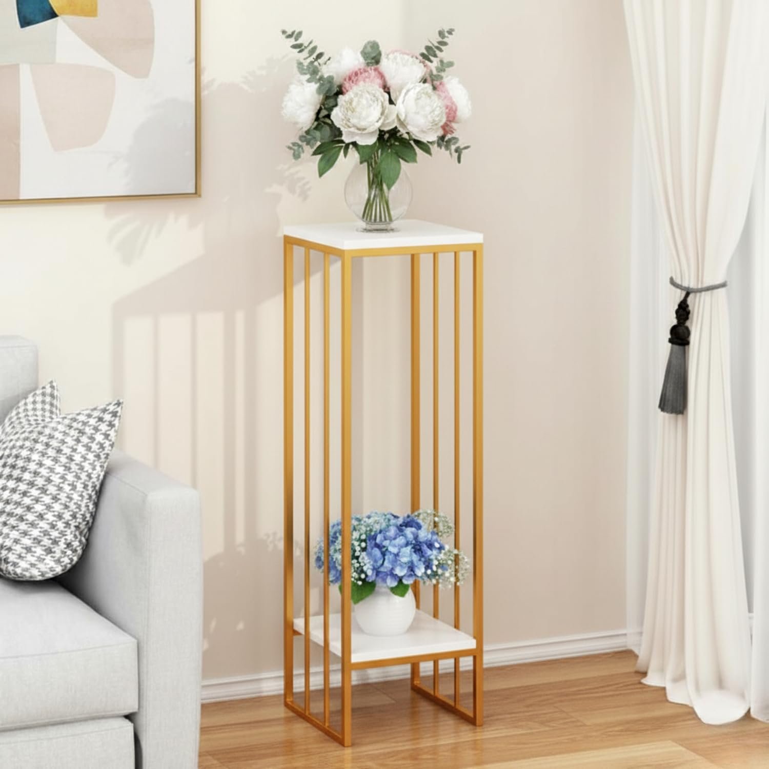 EDEUEQUE Wrought Metal Pedestal Planter Stand 22 Inch Two Tier Compact Corner Flower Pots Holder with MDF Shelving End Table indoor-outdoor for garden patio, terrace, living... - صورة 7