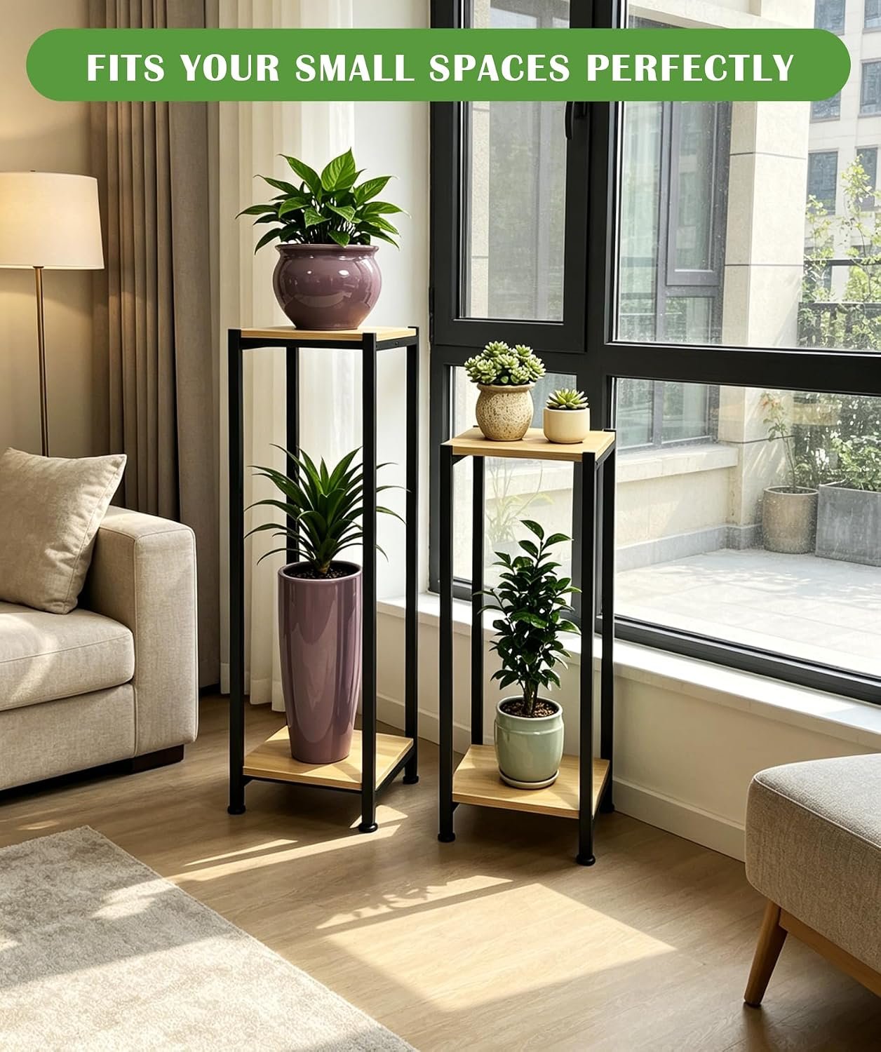 Dipion Tall Plant Stand Indoor,31 Inch Plants Stands,2 Tier Metal Plant Stand with Heavy Duty Wood,Yellow Oak and Black - صورة 6