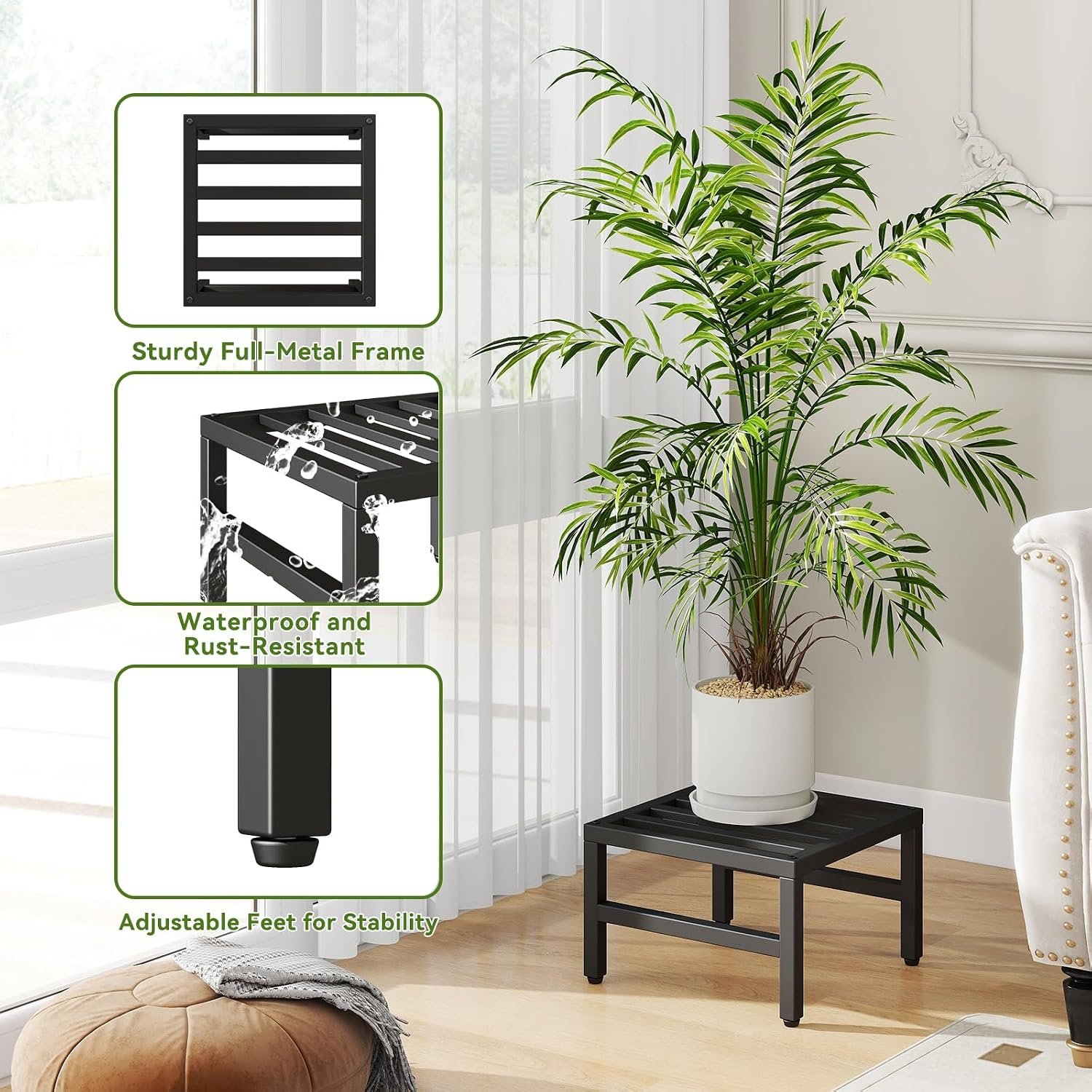 IBUYKE 2 Pack Metal Plant Stand Indoor Outdoor, Heavy Duty Small Flower Pot Stand, Modern Square Plant Shelf Flower Stand for Living Room Patio Balcony Garden, Black TMJ075B-2 - صورة 2