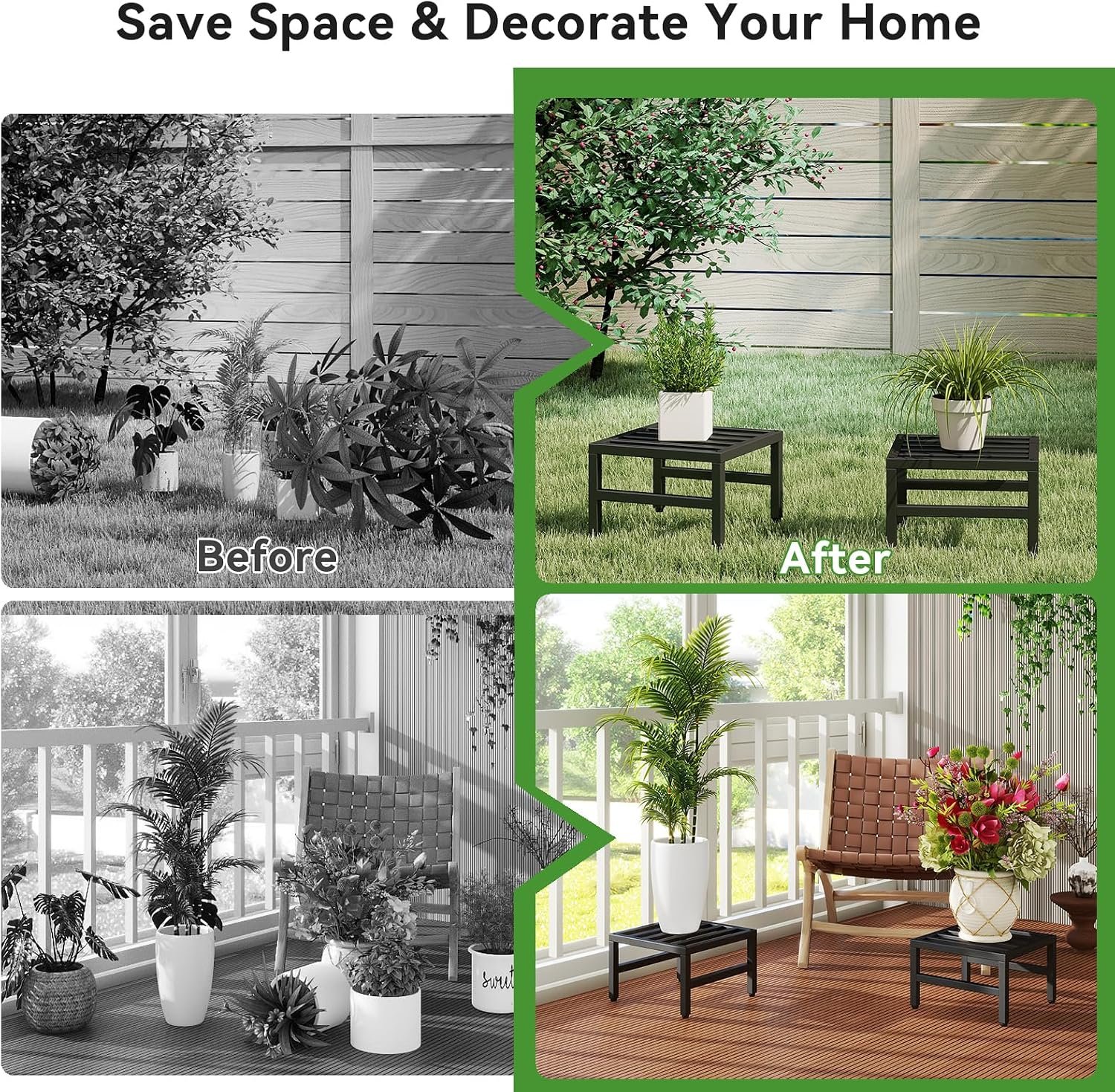 IBUYKE 2 Pack Metal Plant Stand Indoor Outdoor, Heavy Duty Small Flower Pot Stand, Modern Square Plant Shelf Flower Stand for Living Room Patio Balcony Garden, Black TMJ075B-2 - صورة 5