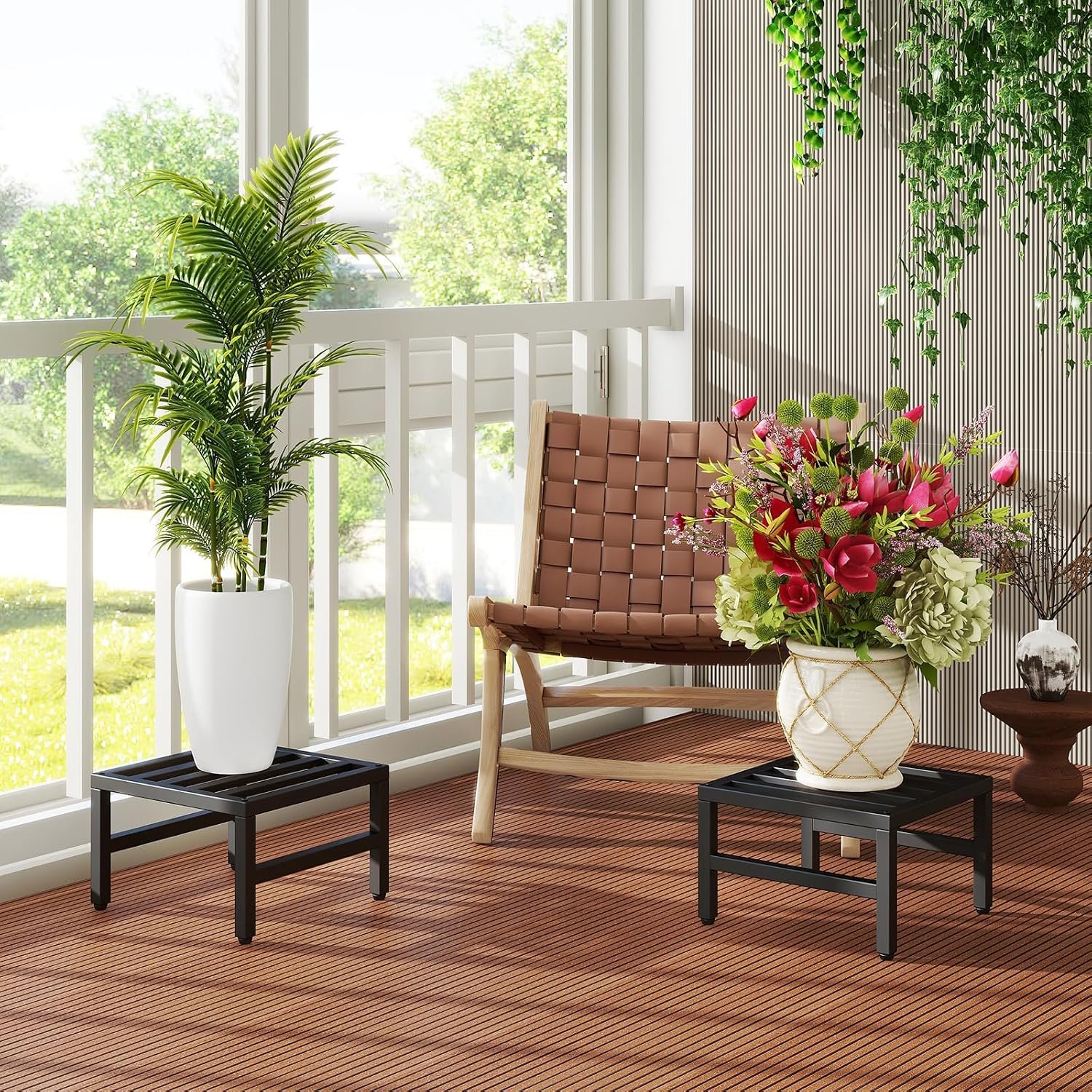 IBUYKE 2 Pack Metal Plant Stand Indoor Outdoor, Heavy Duty Small Flower Pot Stand, Modern Square Plant Shelf Flower Stand for Living Room Patio Balcony Garden, Black TMJ075B-2 - صورة 7