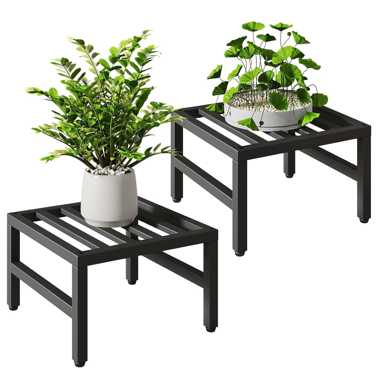 IBUYKE 2 Pack Metal Plant Stand Indoor Outdoor, Heavy Duty Small Flower Pot Stand, Modern Square Plant Shelf Flower Stand for Living Room Patio Balcony Garden, Black TMJ075B-2 - صورة 9
