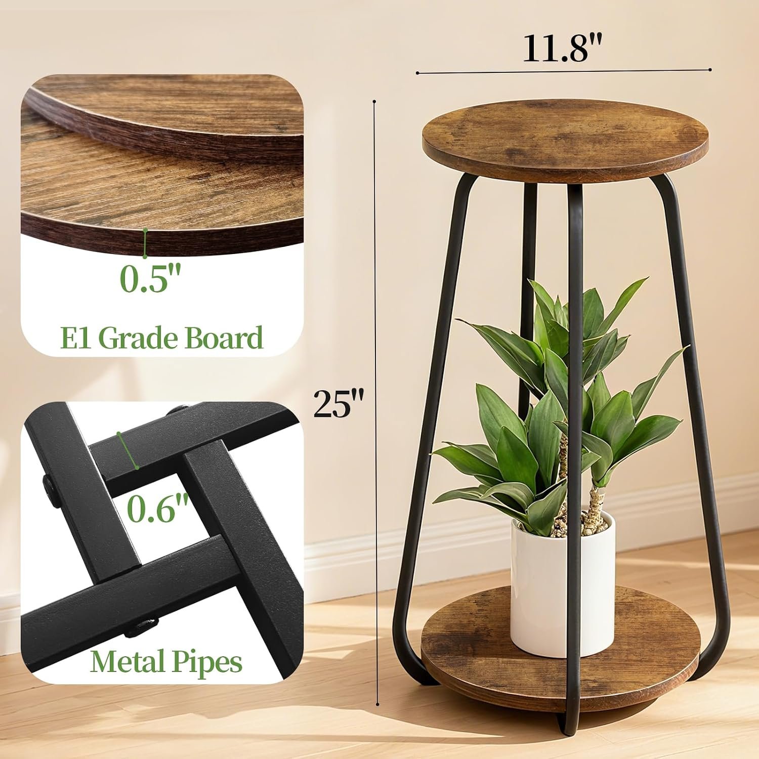 Plant Stand Indoor, 2 Tier Plant Shelf Pedestal Stand Flower Stand, Metal Wood Plant Stands for Indoor Plants Living Room Balcony Deck Garden - صورة 3