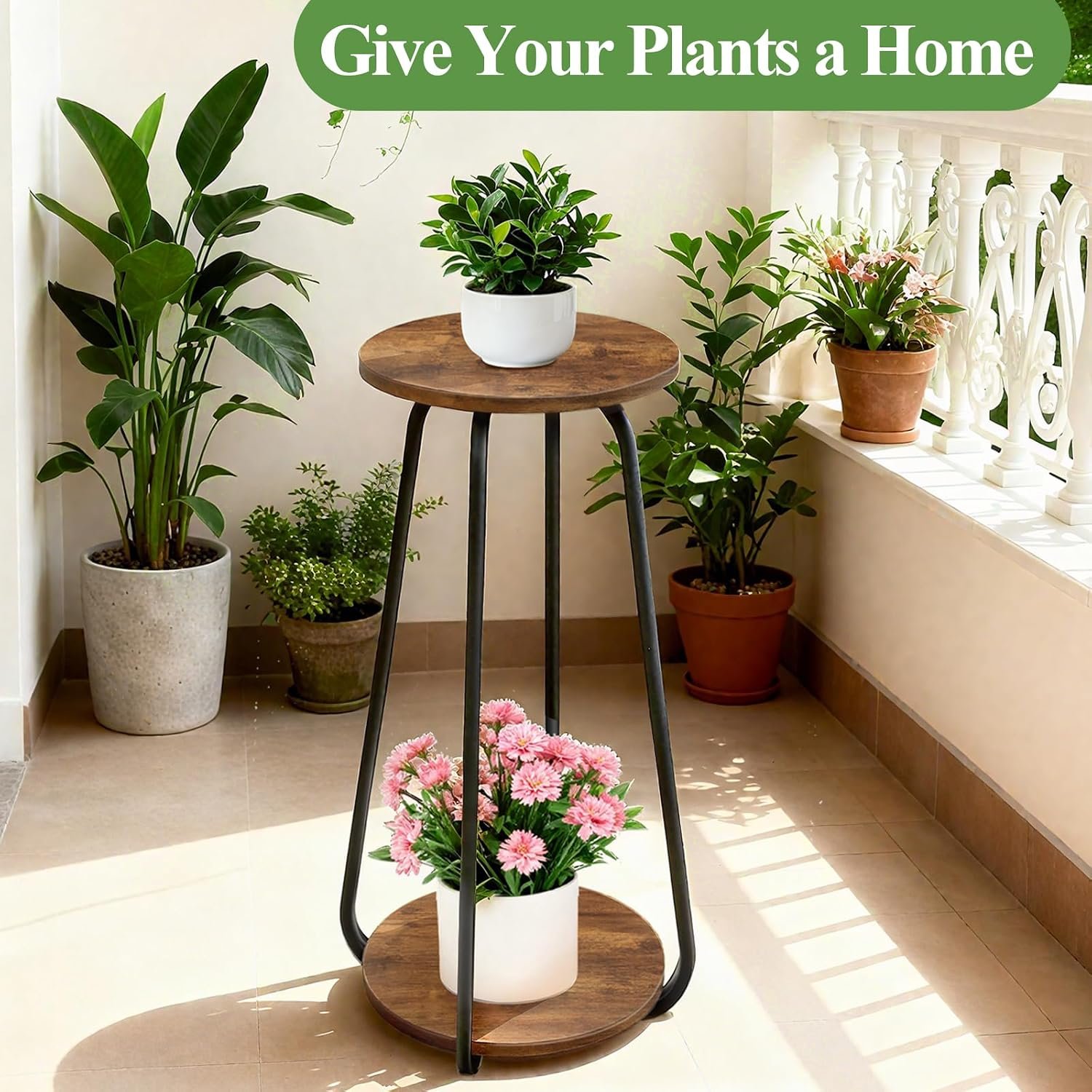 Plant Stand Indoor, 2 Tier Plant Shelf Pedestal Stand Flower Stand, Metal Wood Plant Stands for Indoor Plants Living Room Balcony Deck Garden - صورة 2