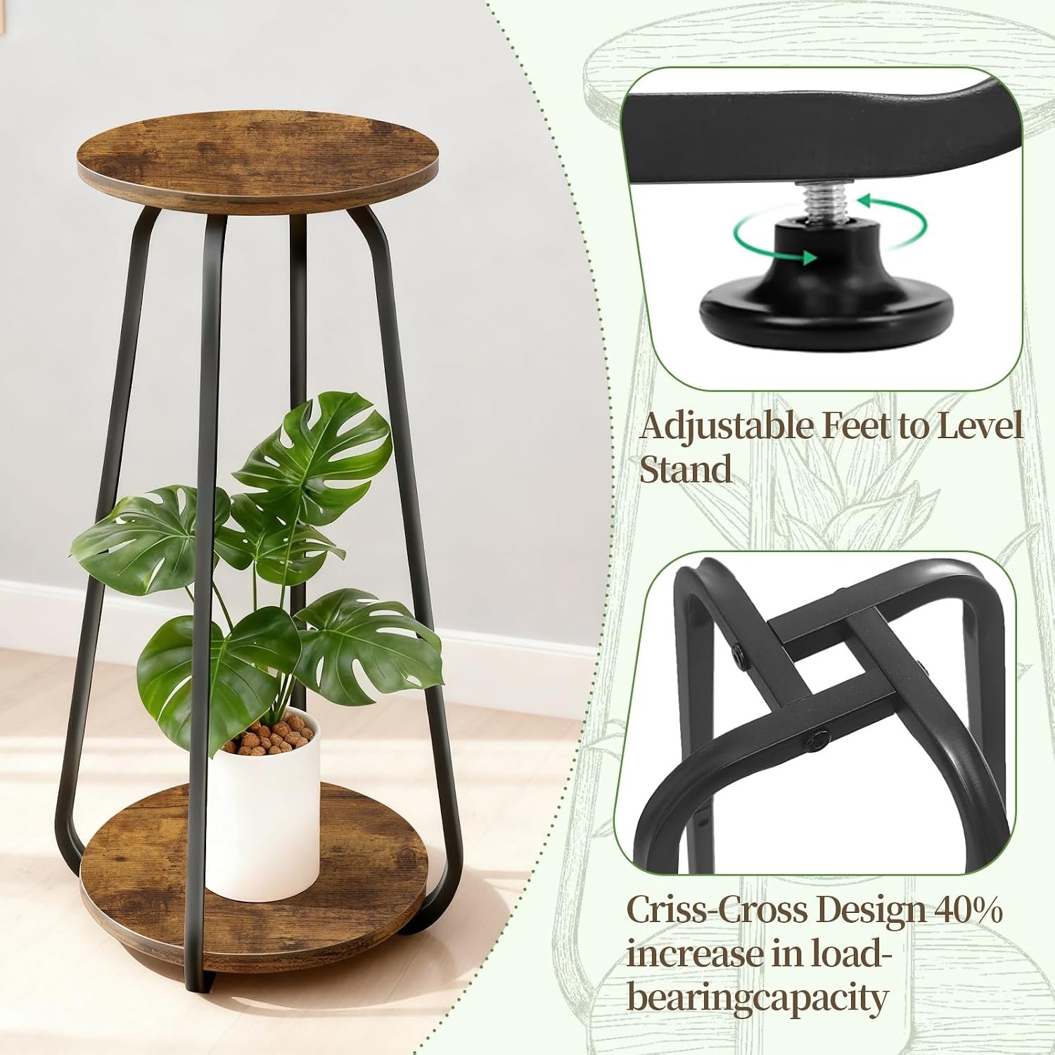 Plant Stand Indoor, 2 Tier Plant Shelf Pedestal Stand Flower Stand, Metal Wood Plant Stands for Indoor Plants Living Room Balcony Deck Garden - صورة 4