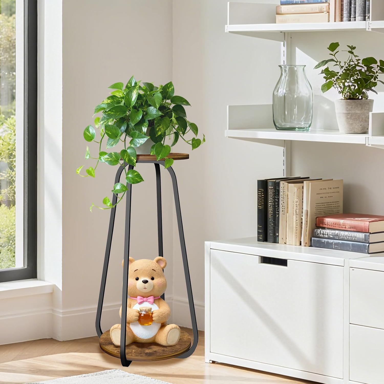 Plant Stand Indoor, 2 Tier Plant Shelf Pedestal Stand Flower Stand, Metal Wood Plant Stands for Indoor Plants Living Room Balcony Deck Garden - صورة 6
